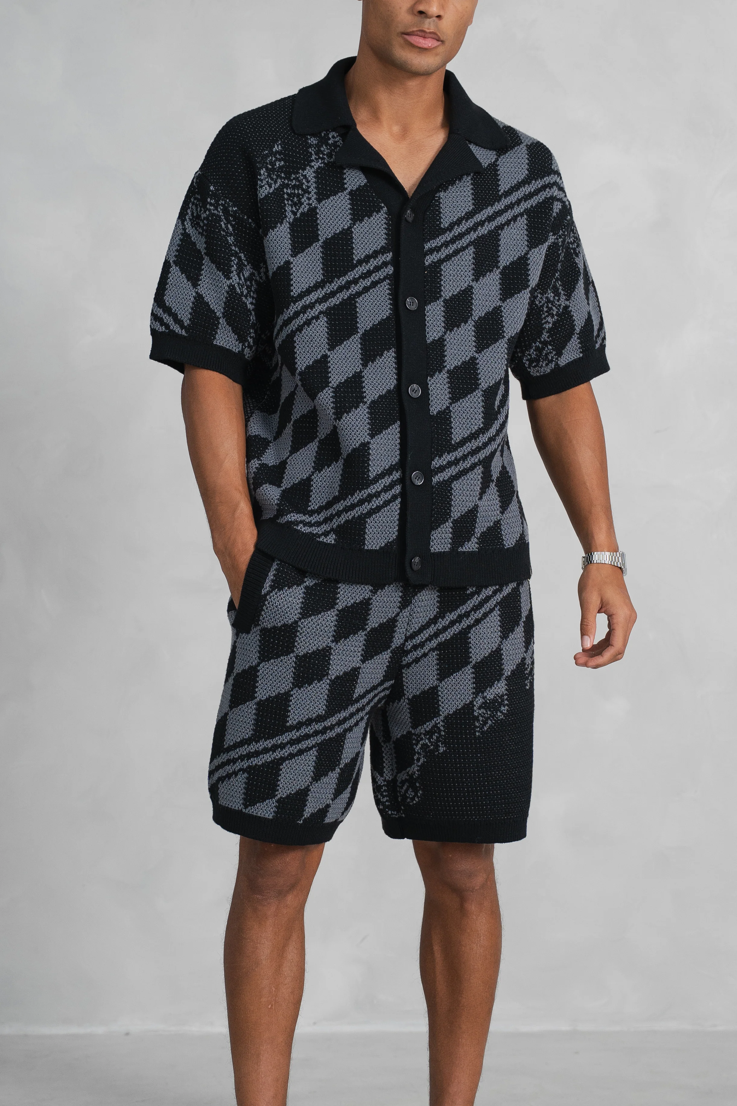 Knitted Checked Shorts - Black/Charcoal - Image 14