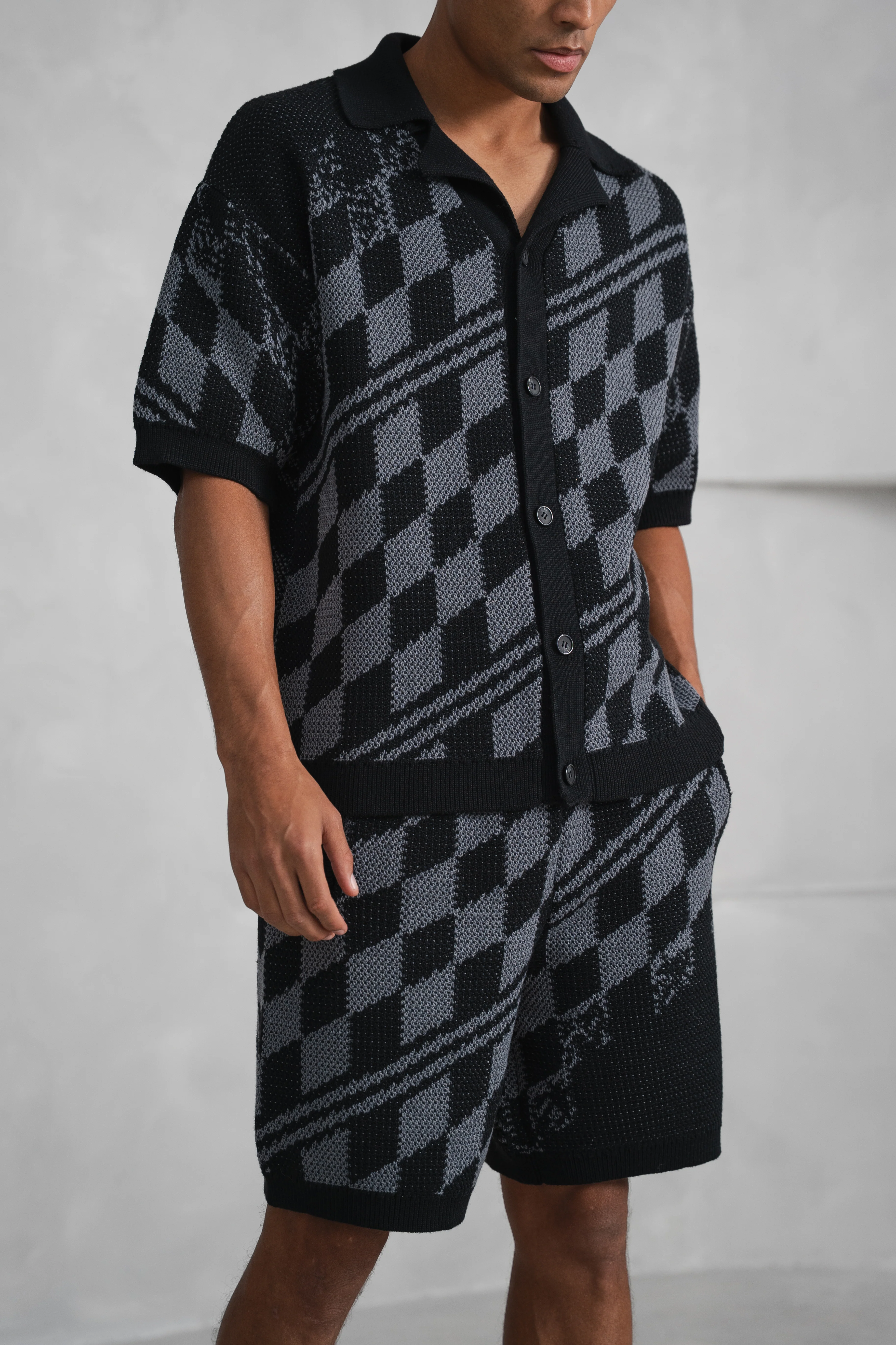 Knitted Checked Shorts - Black/Charcoal - Image 16