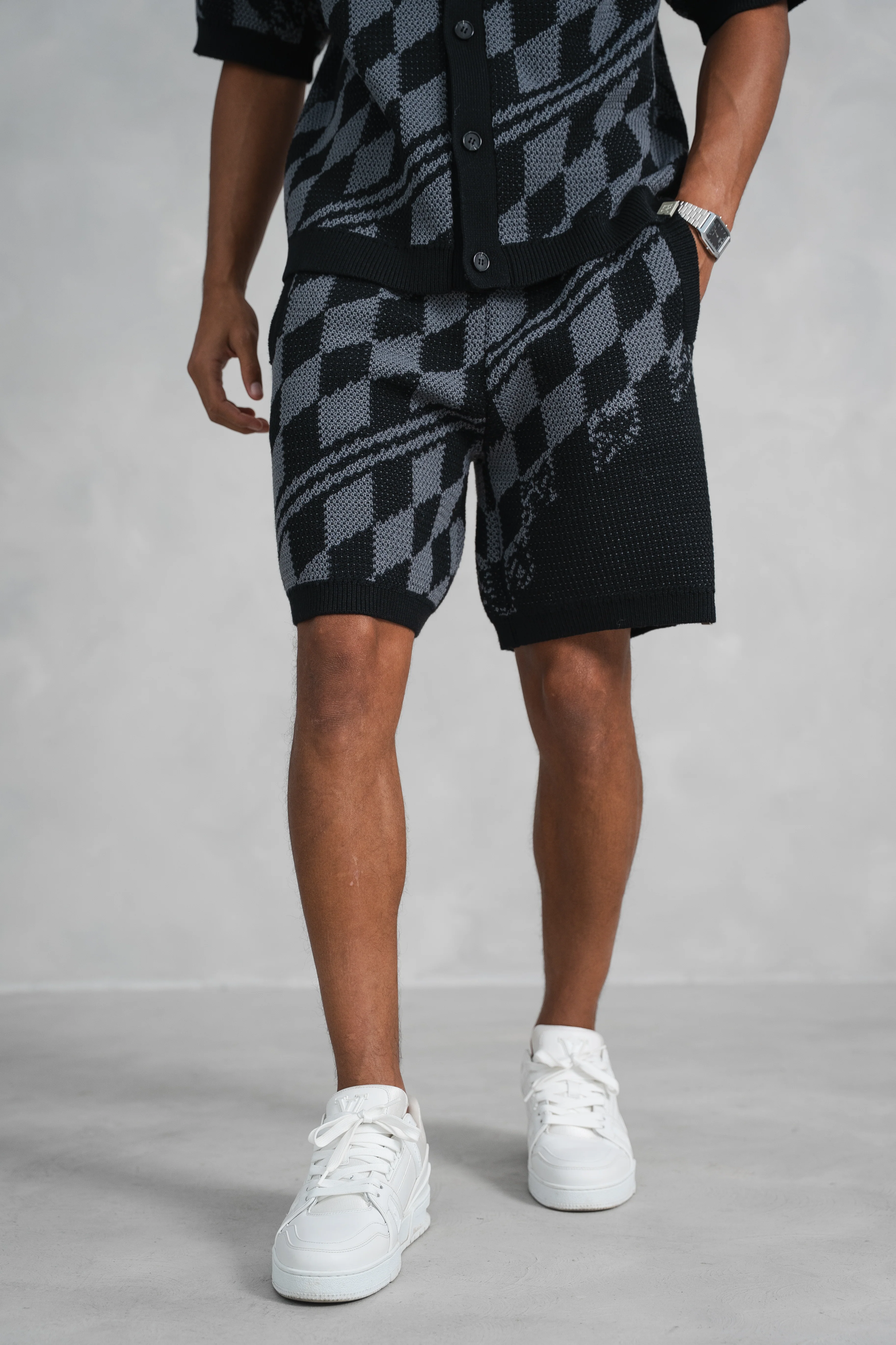 Knitted Checked Shorts - Black/Charcoal - Image 6