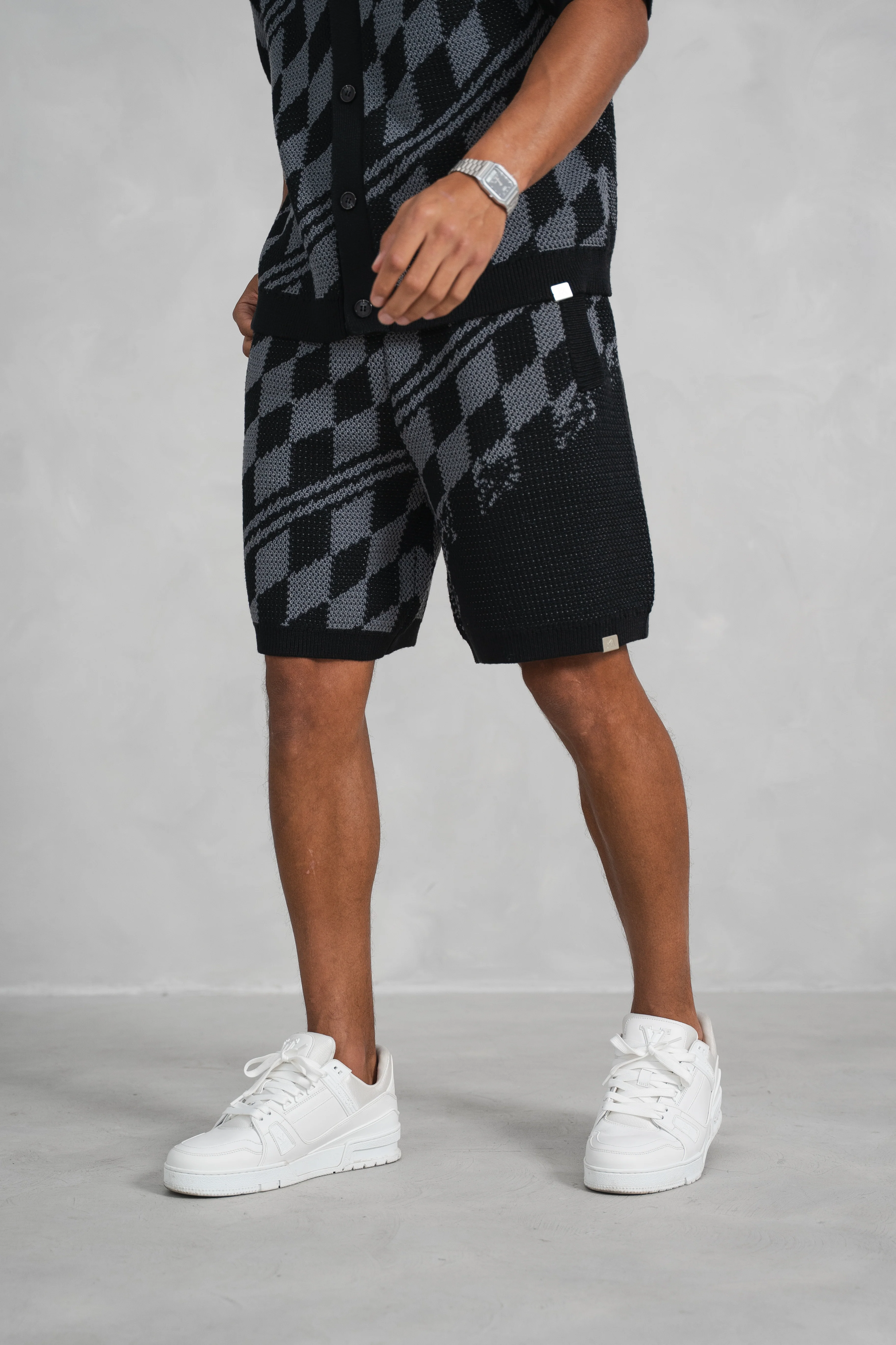 Knitted Checked Shorts - Black/Charcoal - Image 8