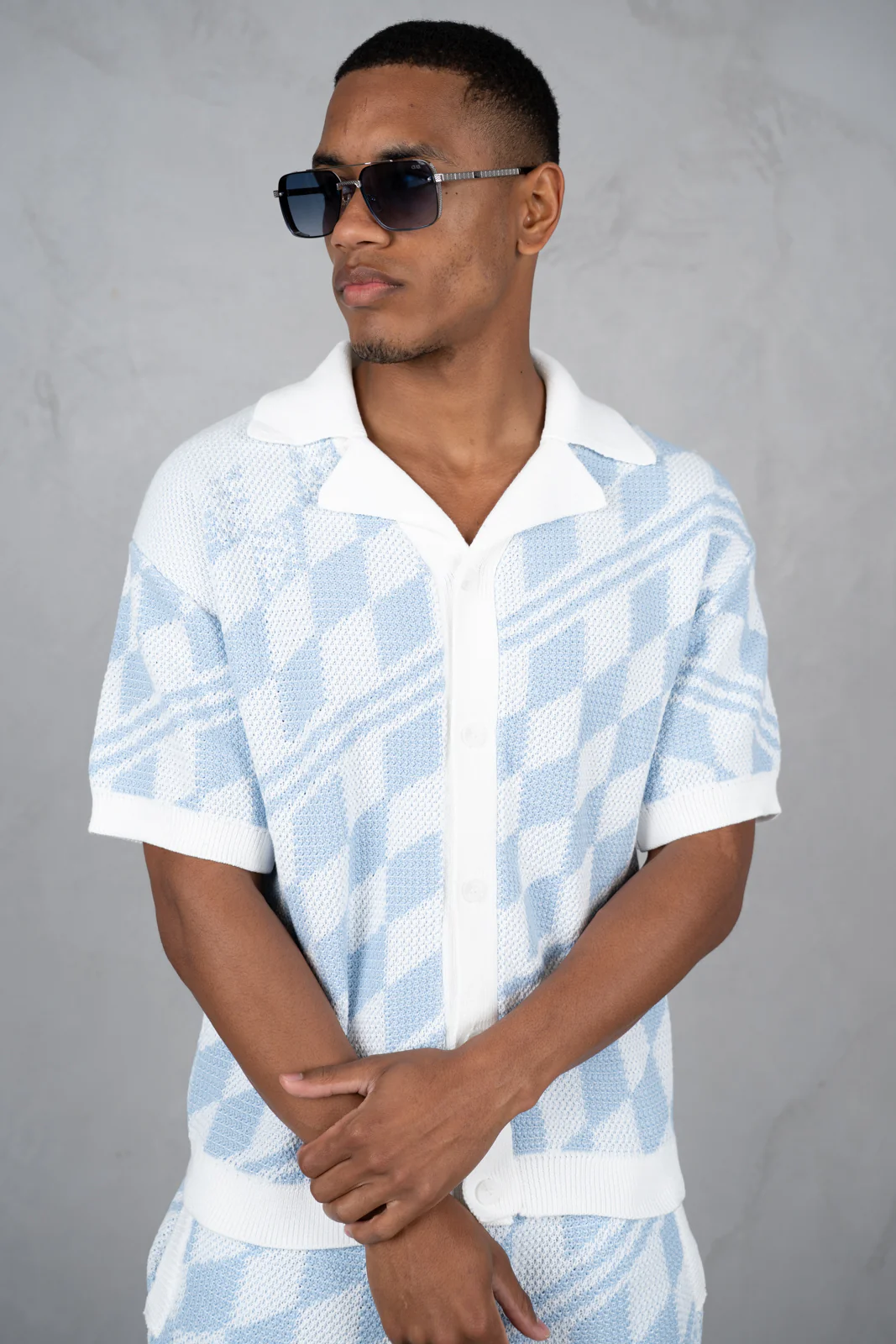 Knitted Checked Shorts - Pale Blue/White - Image 4