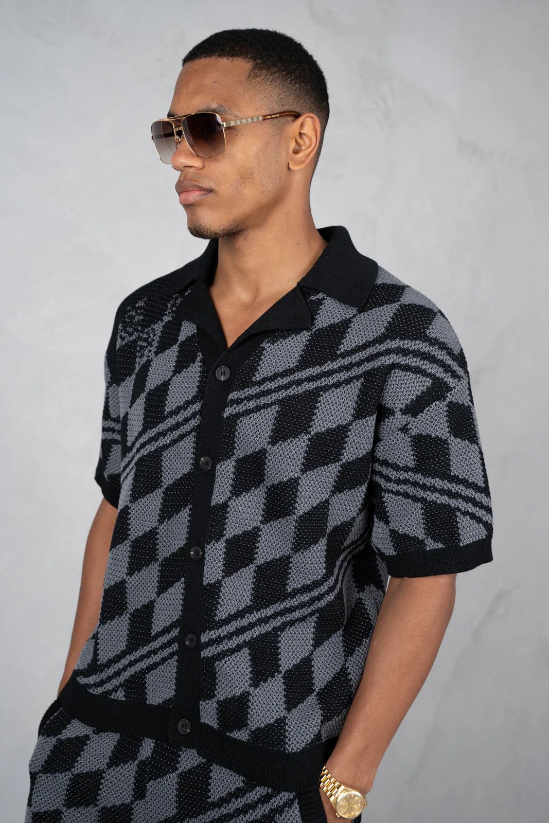 Boxy Checked Knitted Shirt - Black/Charcoal - Image 10