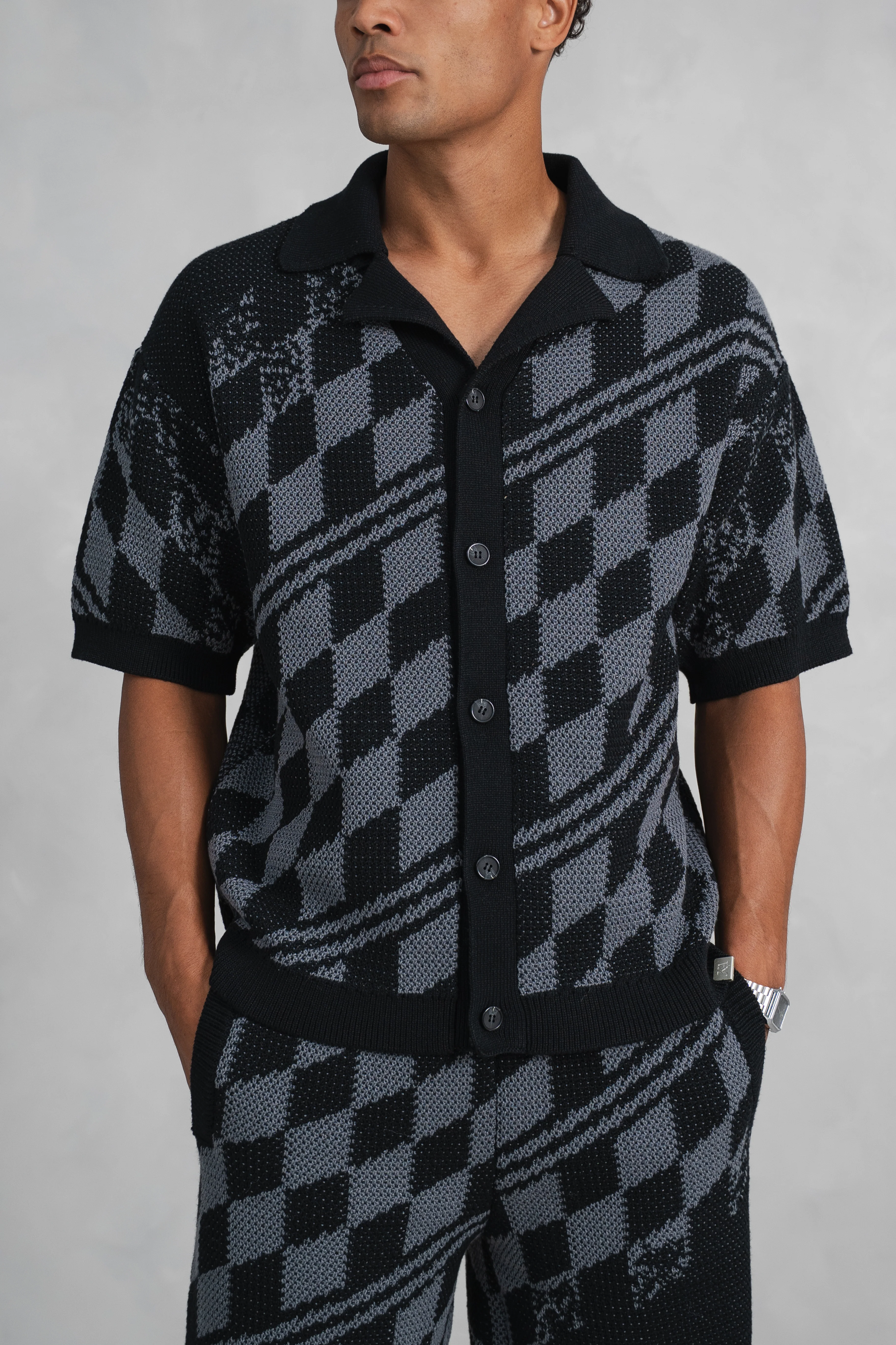 Boxy Checked Knitted Shirt - Black/Charcoal - Image 13