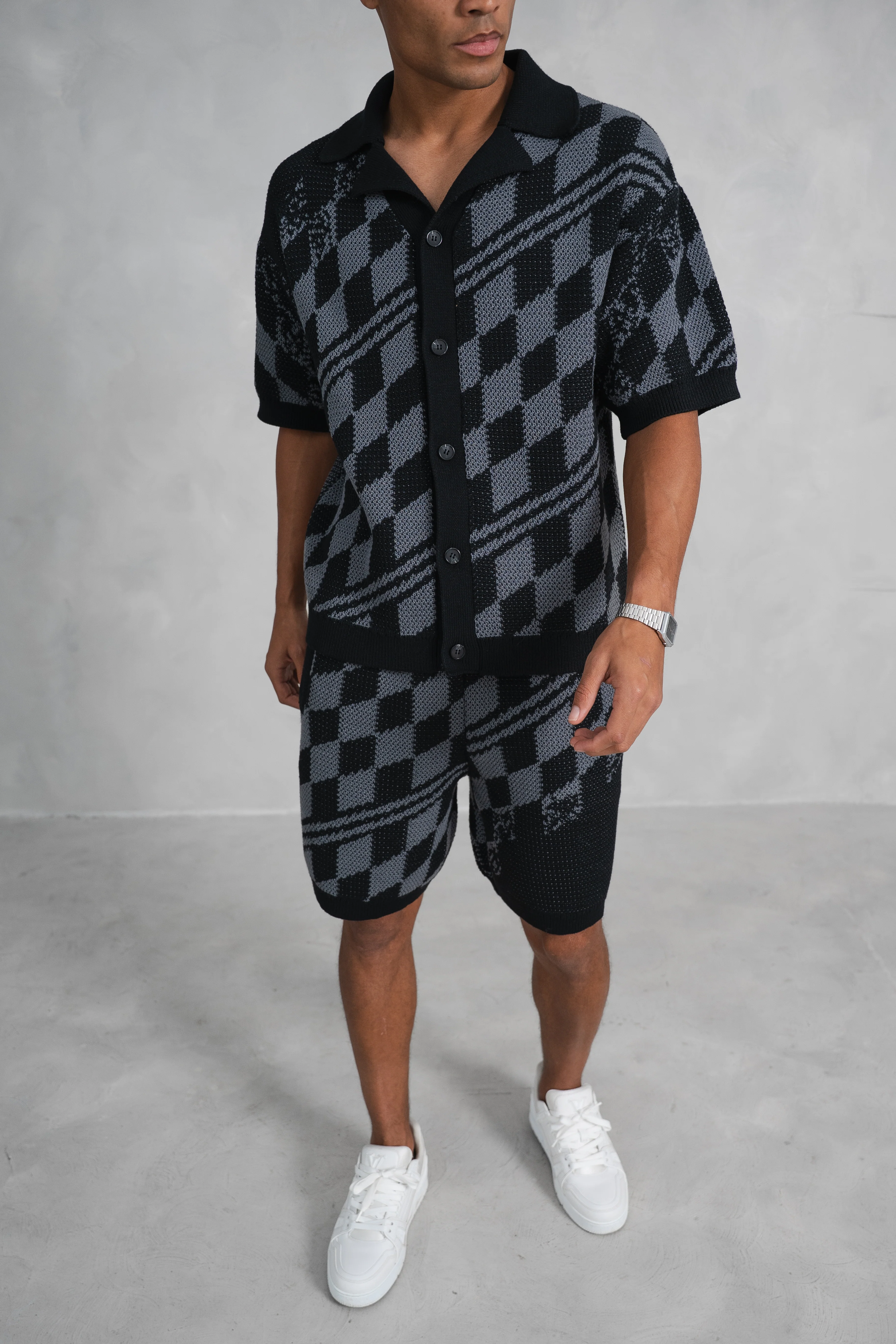 Boxy Checked Knitted Shirt - Black/Charcoal - Image 15