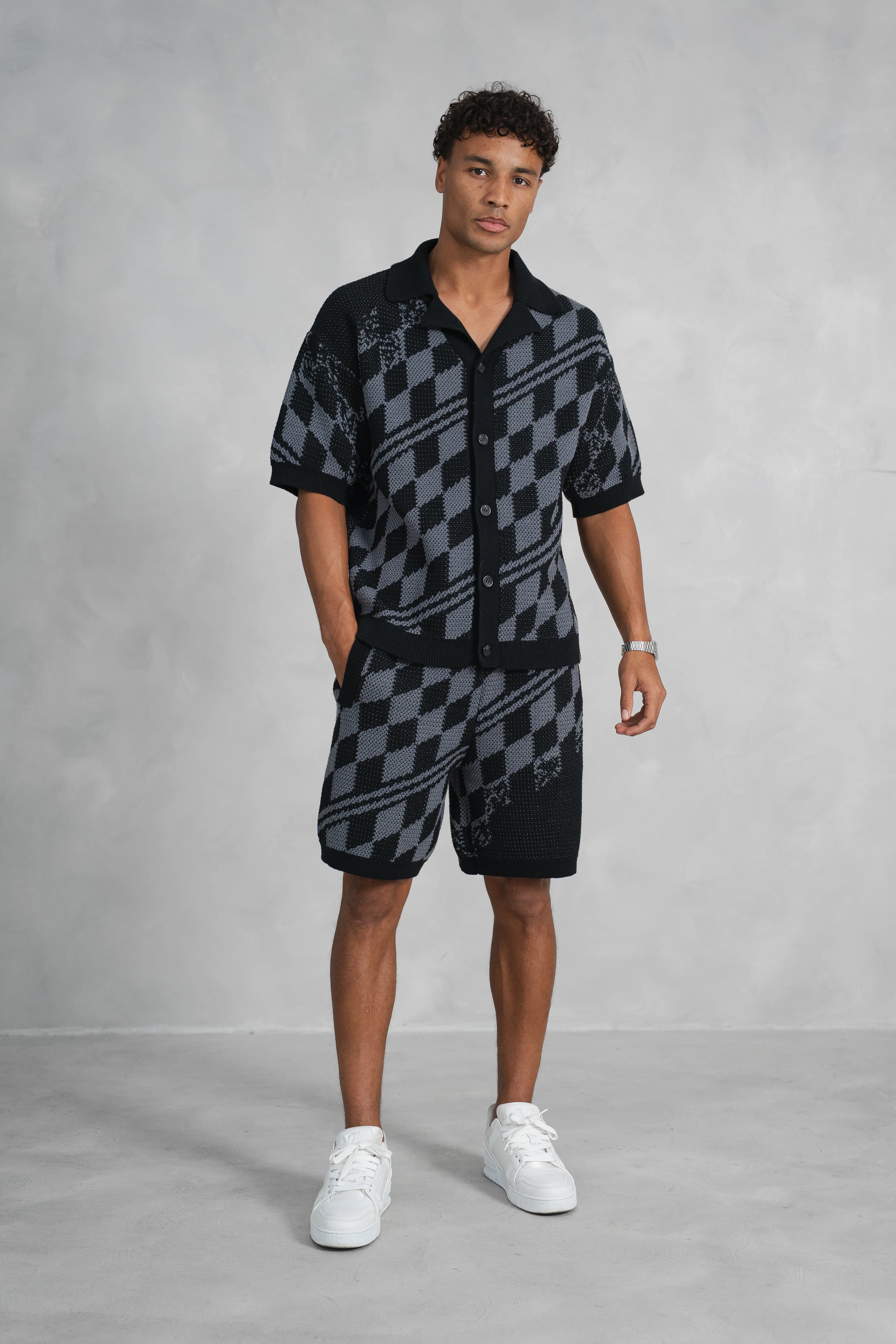 Boxy Checked Knitted Shirt - Black/Charcoal - Image 17