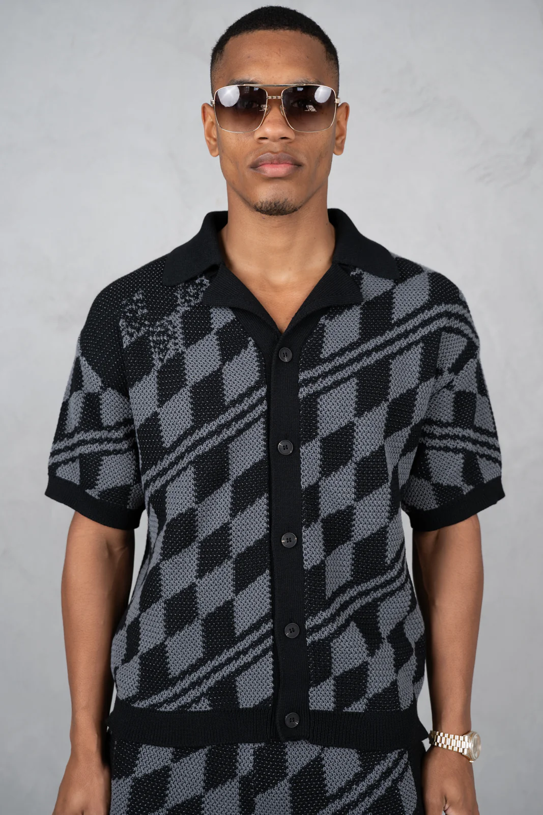 Boxy Checked Knitted Shirt - Black/Charcoal - Image 3