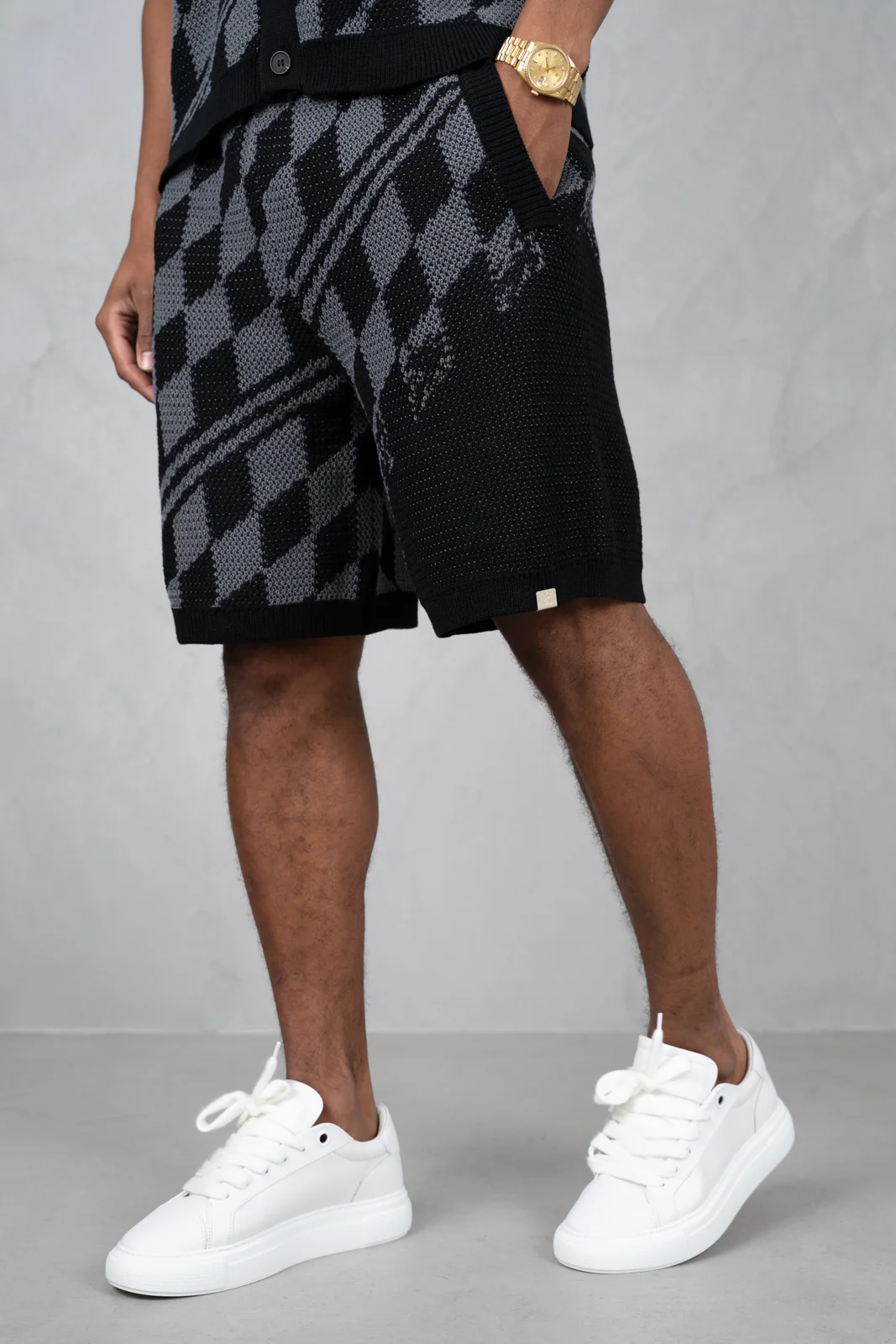 Boxy Checked Knitted Shirt - Black/Charcoal - Image 4