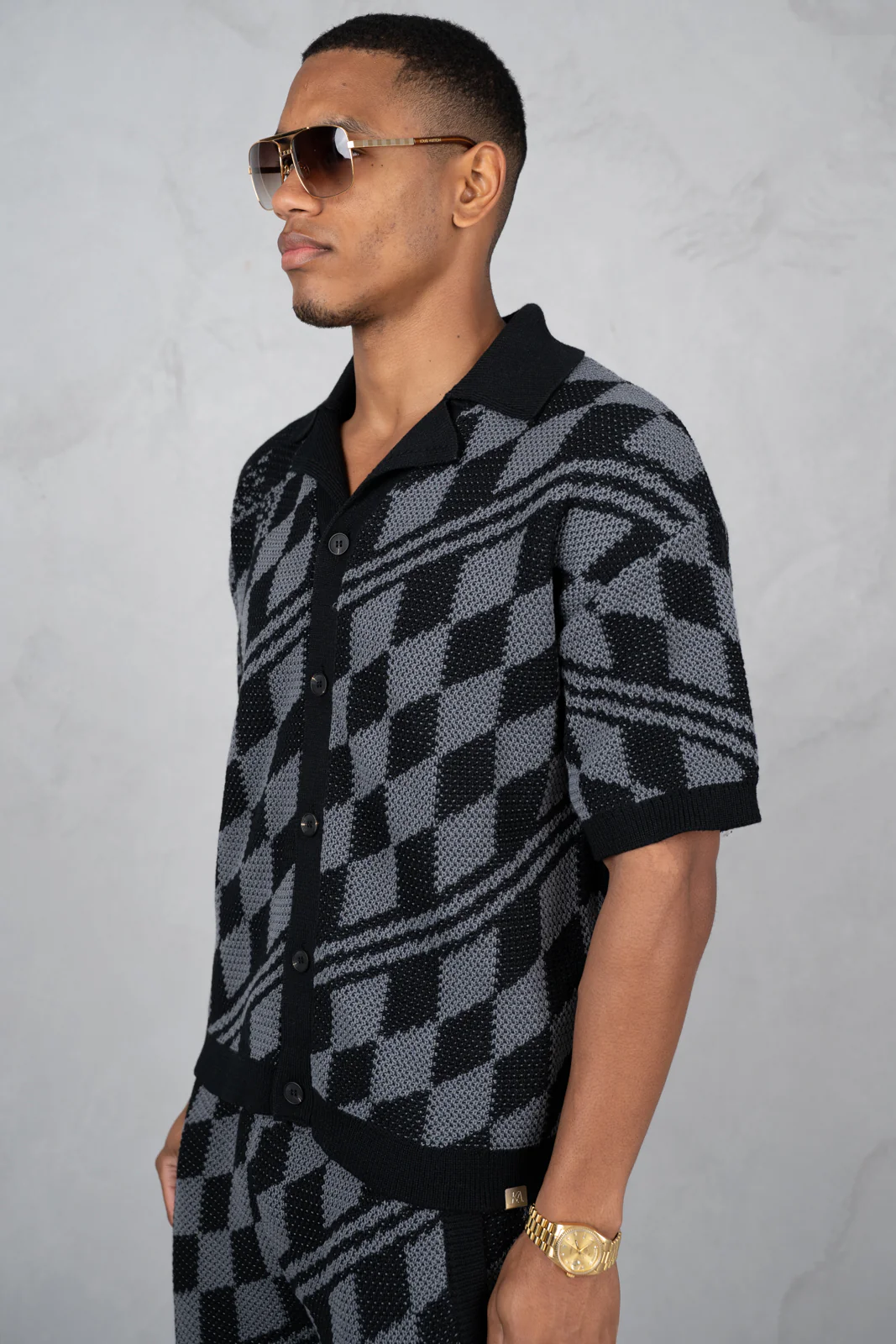 Boxy Checked Knitted Shirt - Black/Charcoal - Image 5