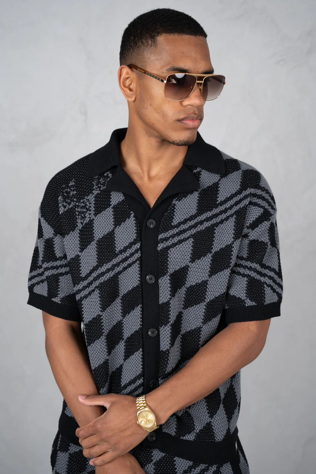 Boxy Checked Knitted Shirt - Black/Charcoal - Image 6