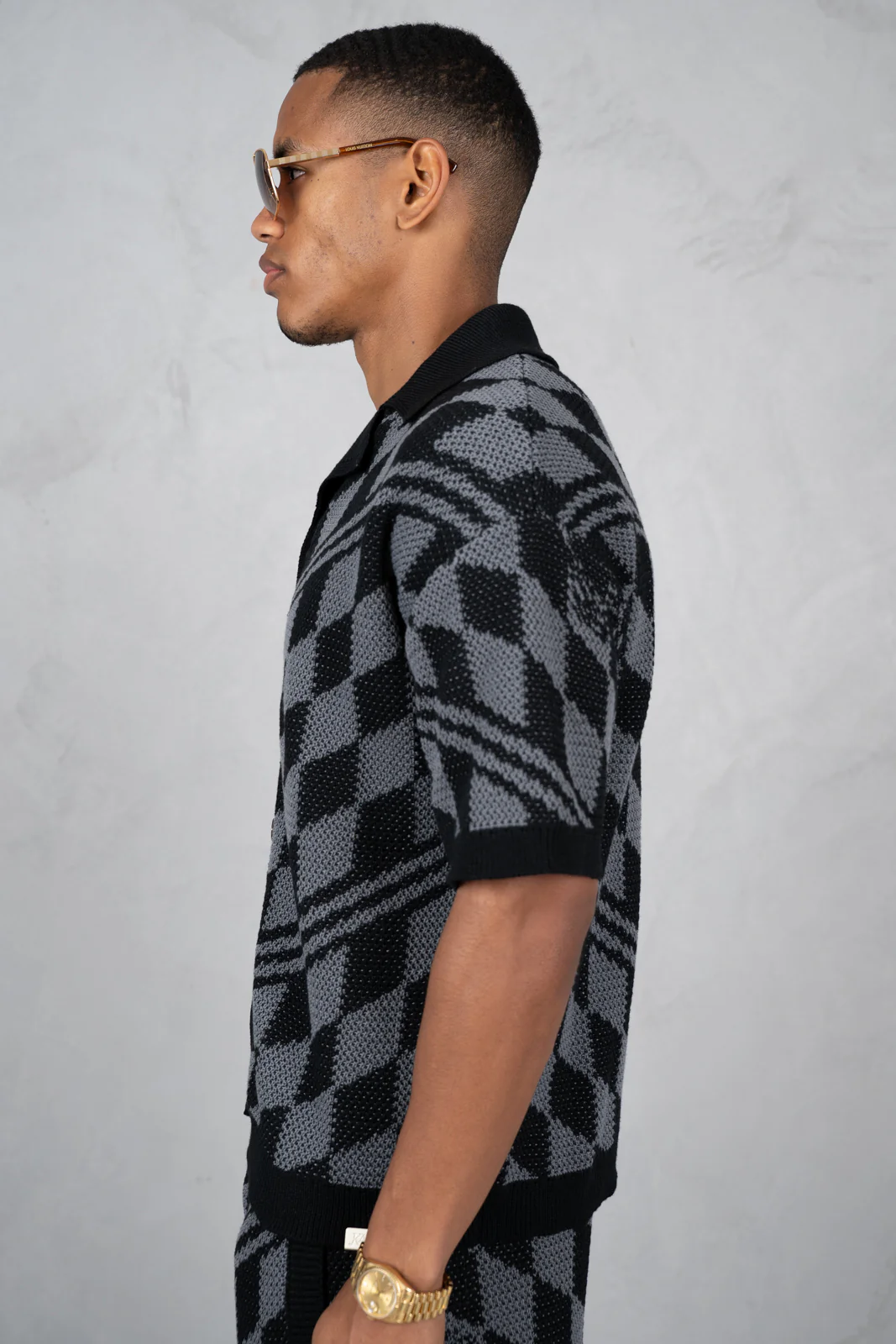 Boxy Checked Knitted Shirt - Black/Charcoal - Image 8