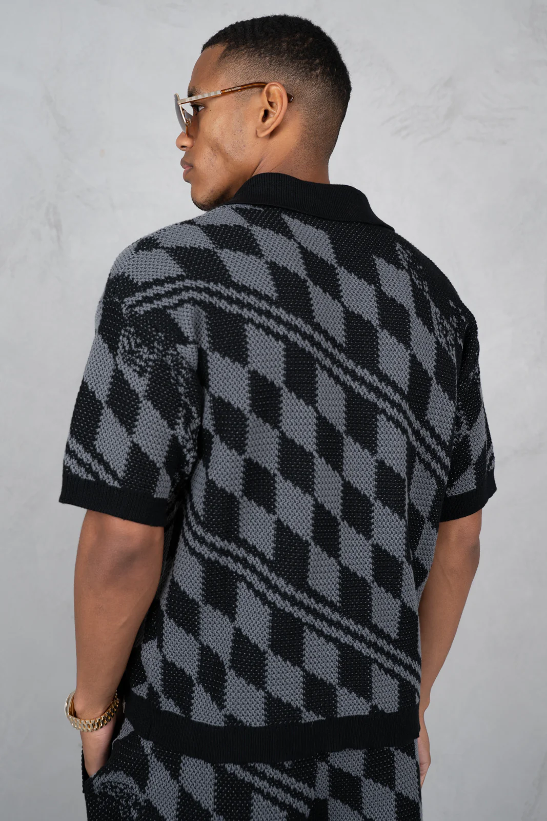 Boxy Checked Knitted Shirt - Black/Charcoal - Image 9