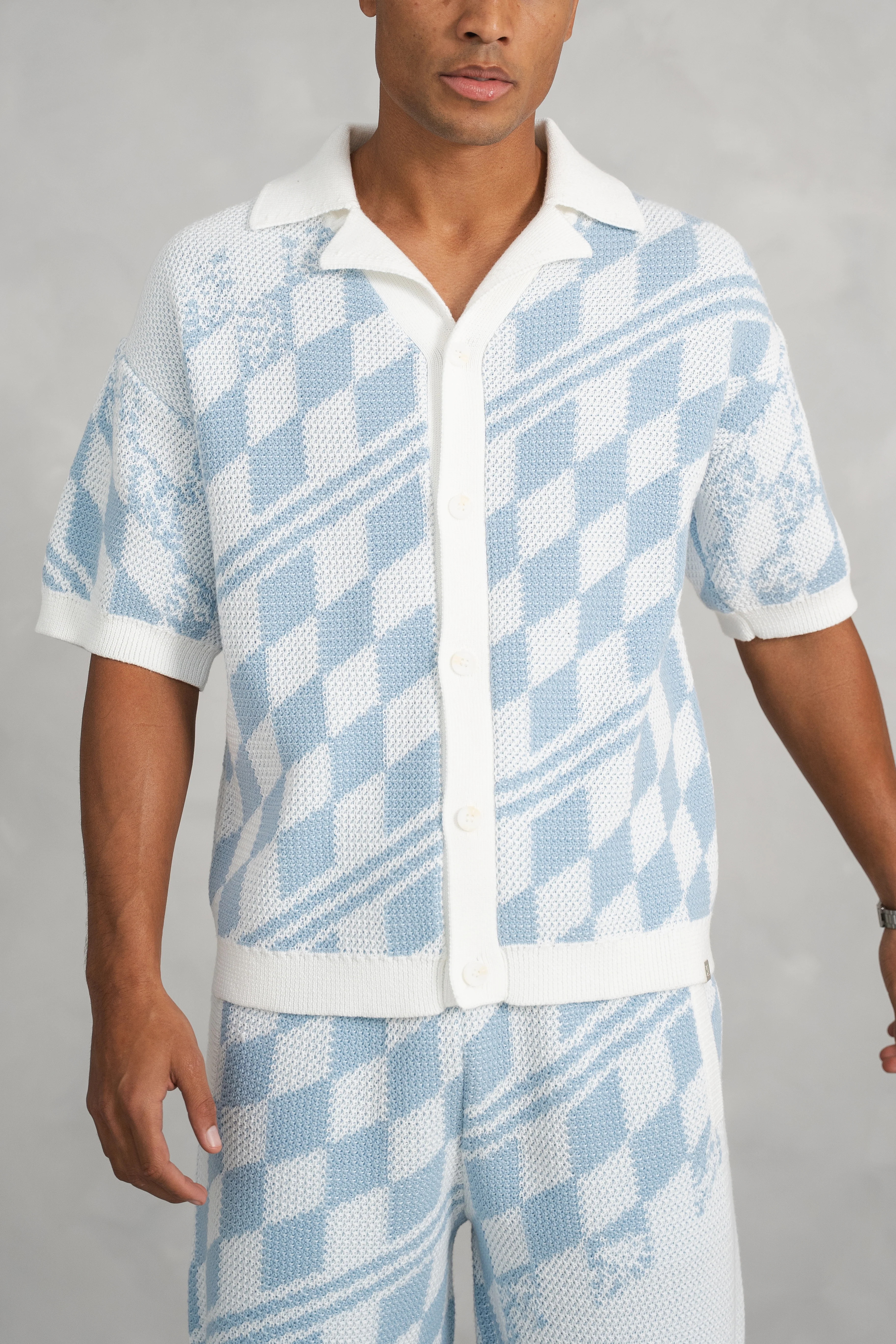 Boxy Checked Knitted Shirt - Pale Blue/White - Image 13