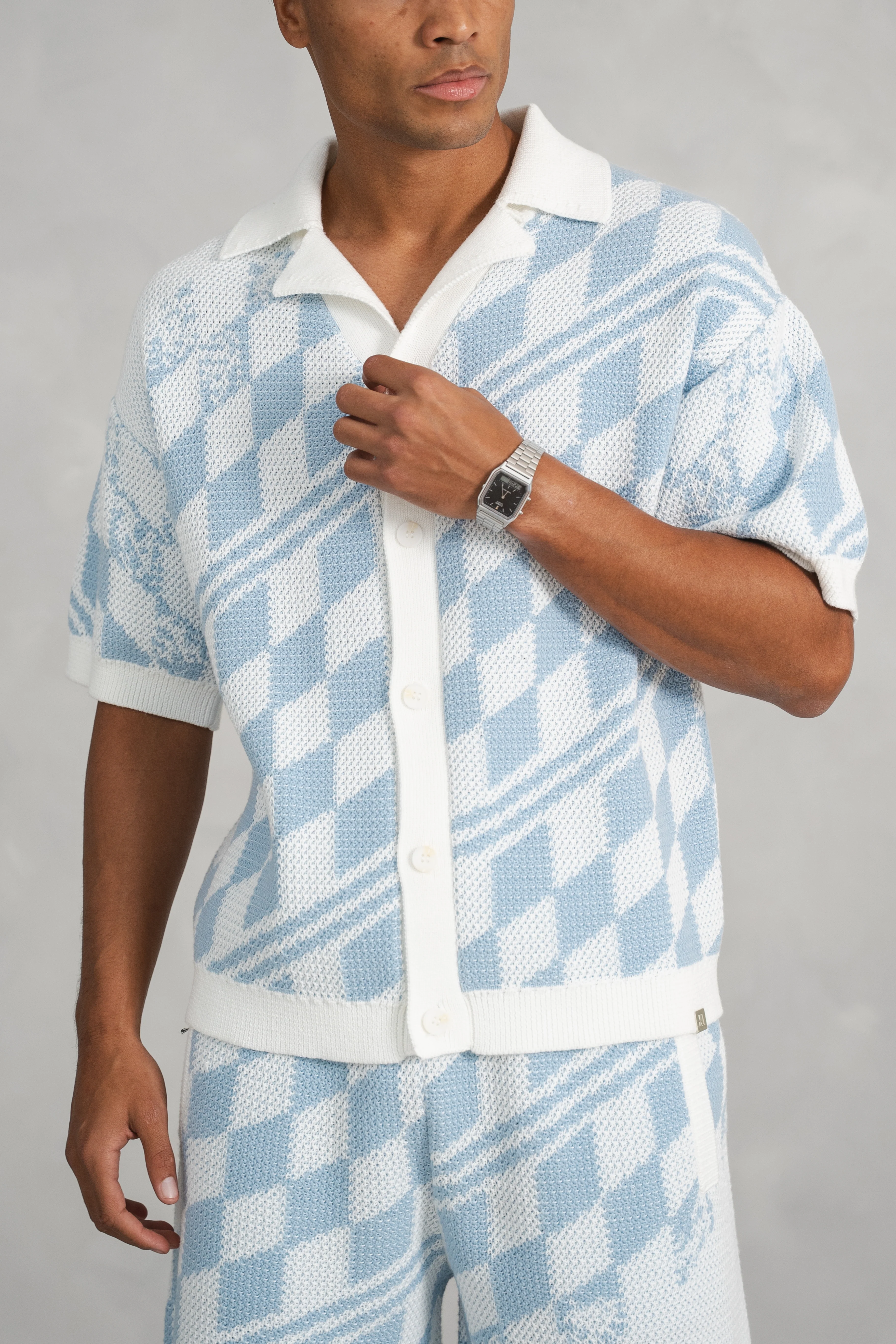 Boxy Checked Knitted Shirt - Pale Blue/White - Image 14