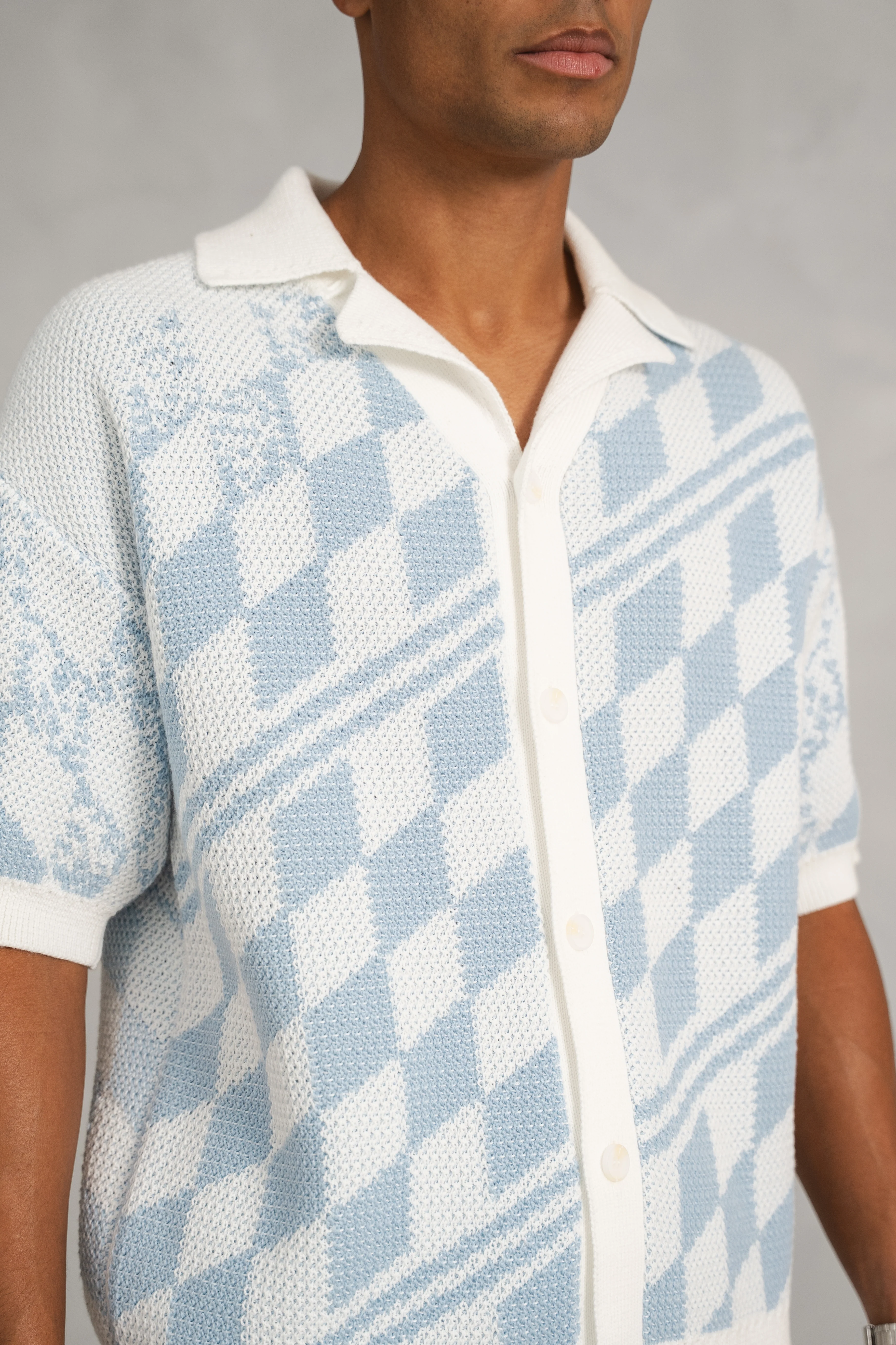 Boxy Checked Knitted Shirt - Pale Blue/White - Image 15