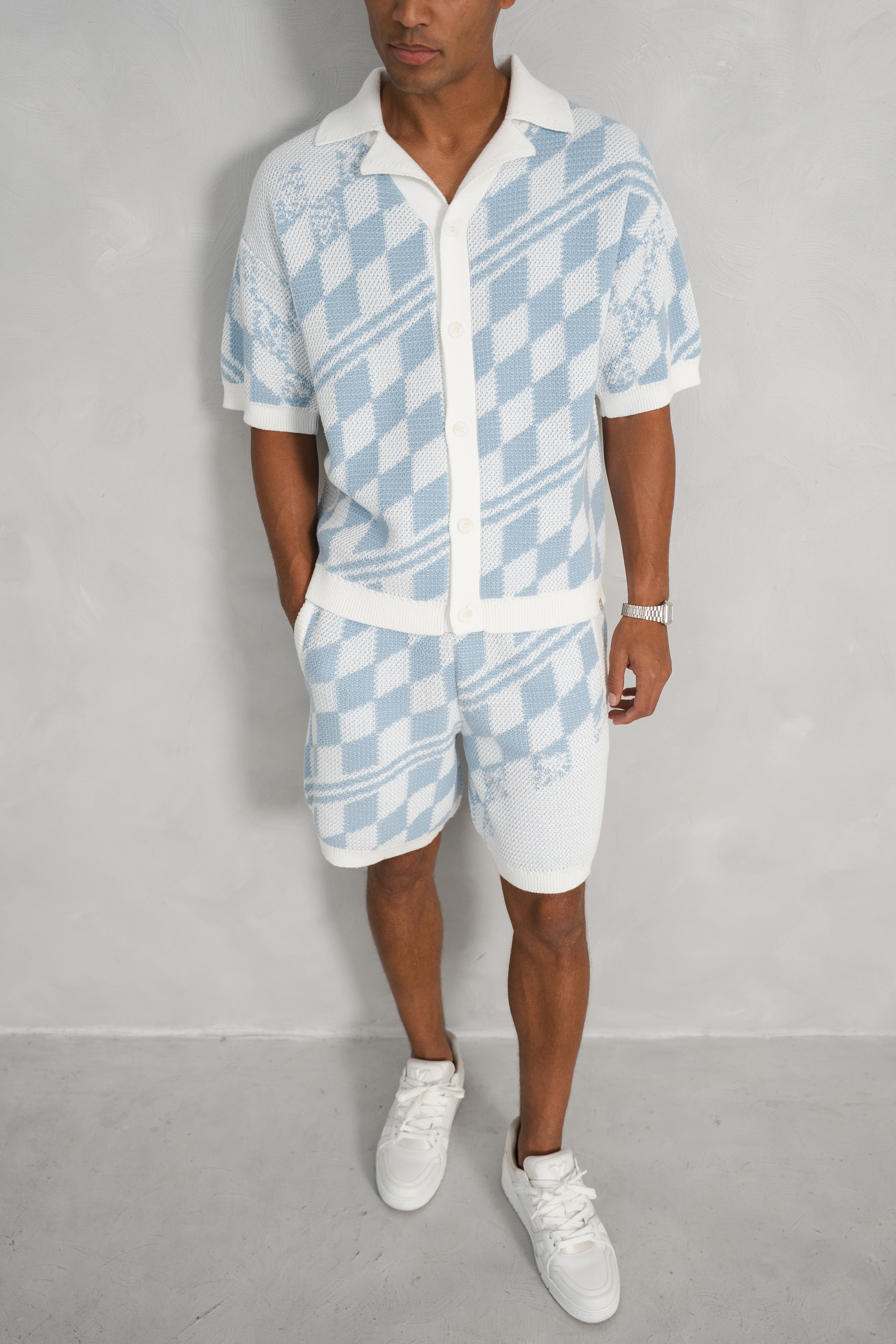 Boxy Checked Knitted Shirt - Pale Blue/White - Image 16