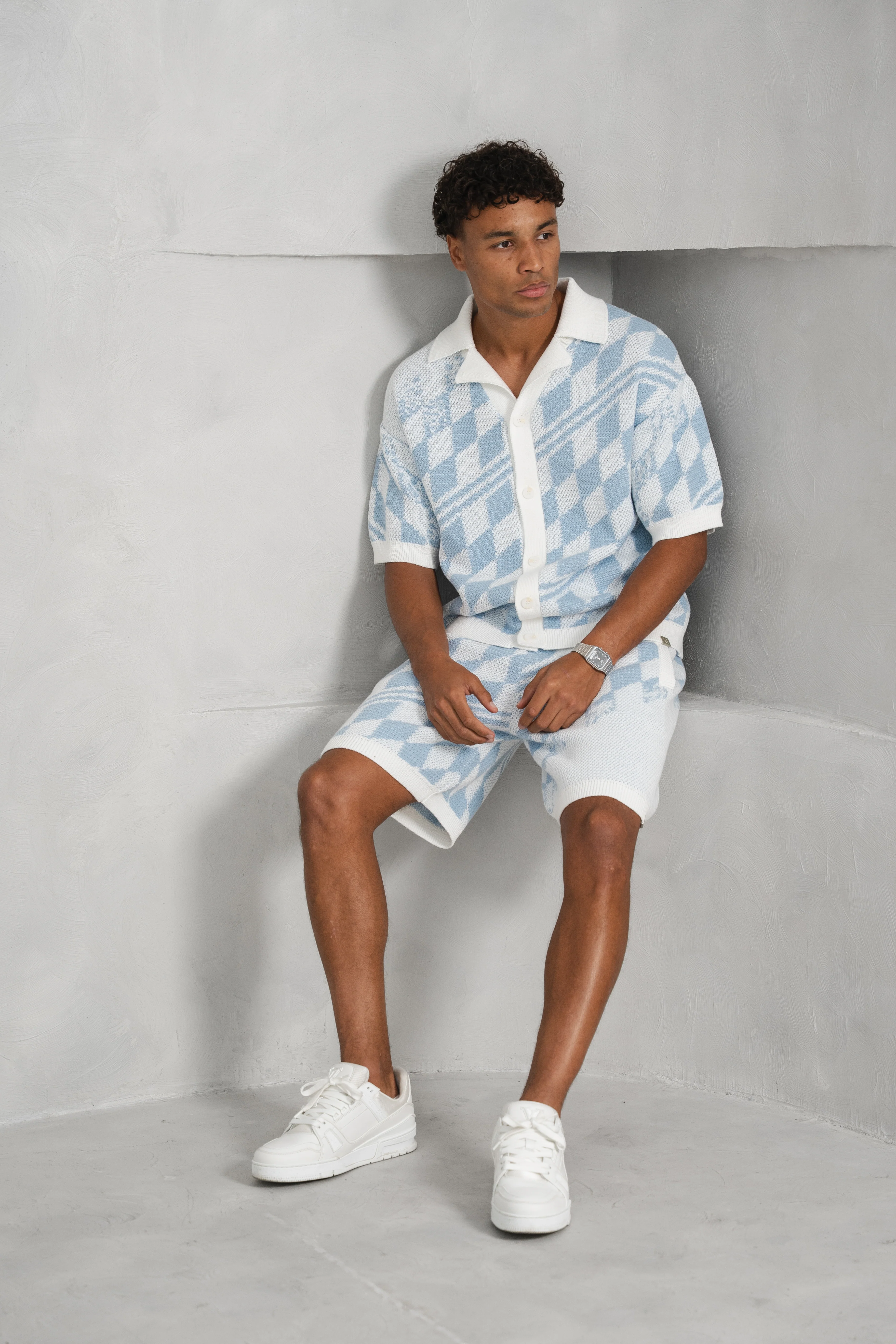 Boxy Checked Knitted Shirt - Pale Blue/White - Image 17