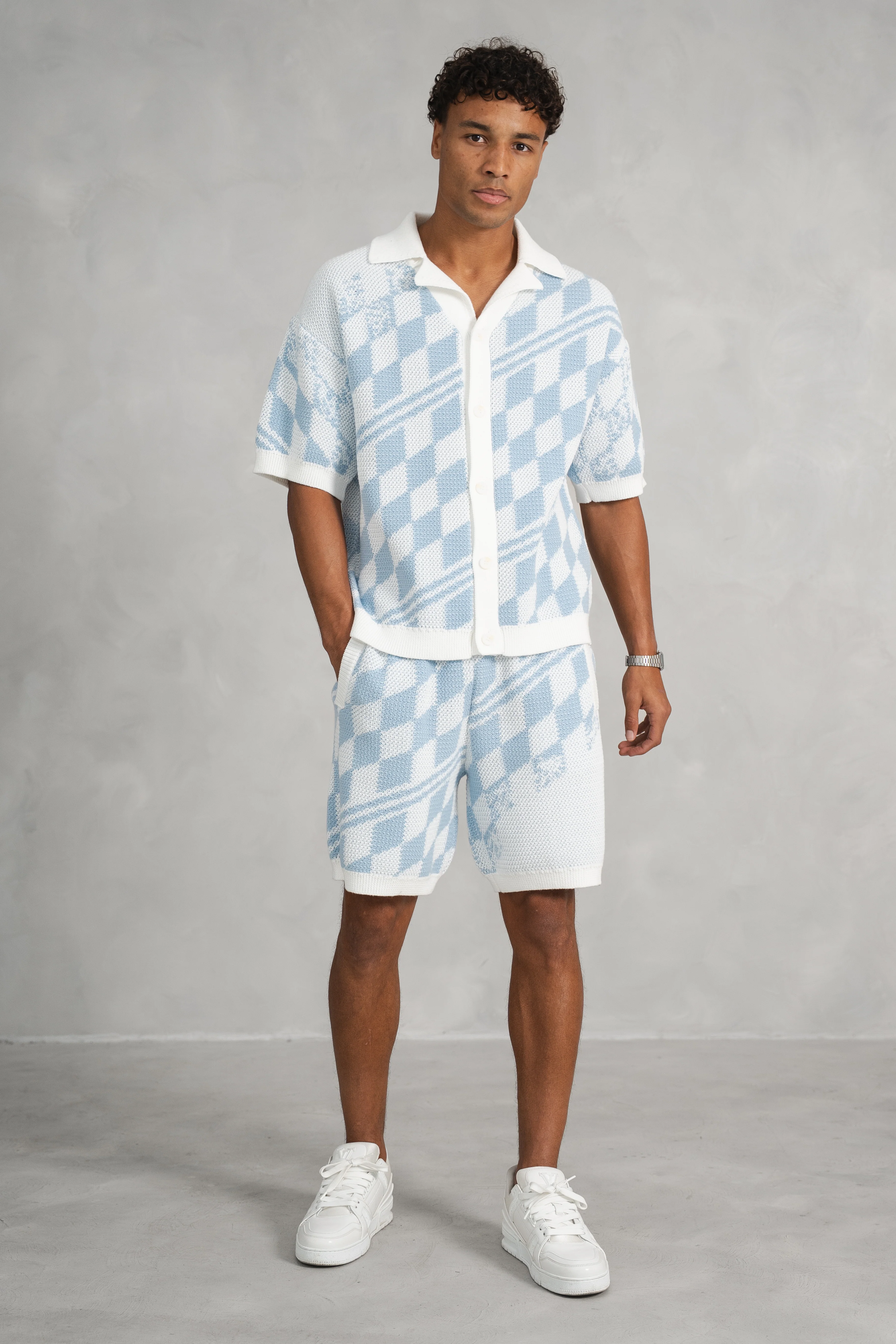 Boxy Checked Knitted Shirt - Pale Blue/White - Image 18