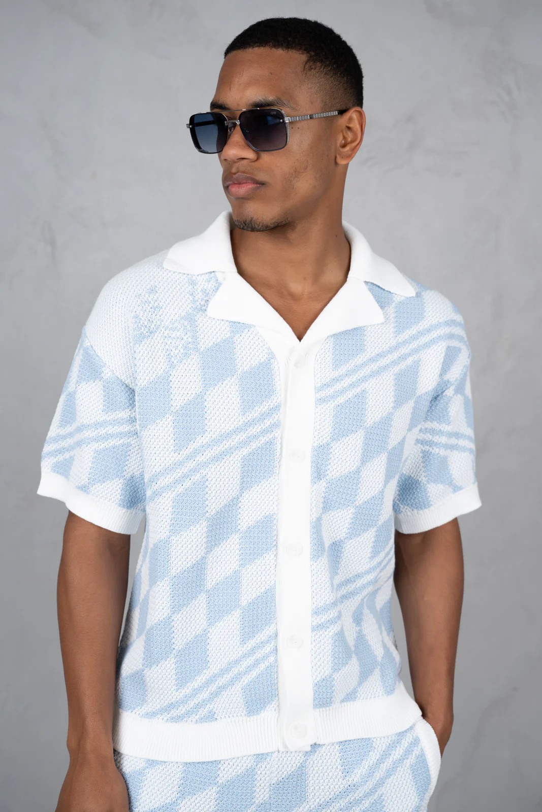 Boxy Checked Knitted Shirt - Pale Blue/White - Image 19