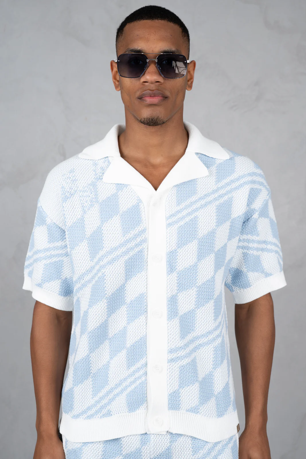 Boxy Checked Knitted Shirt - Pale Blue/White - Image 3