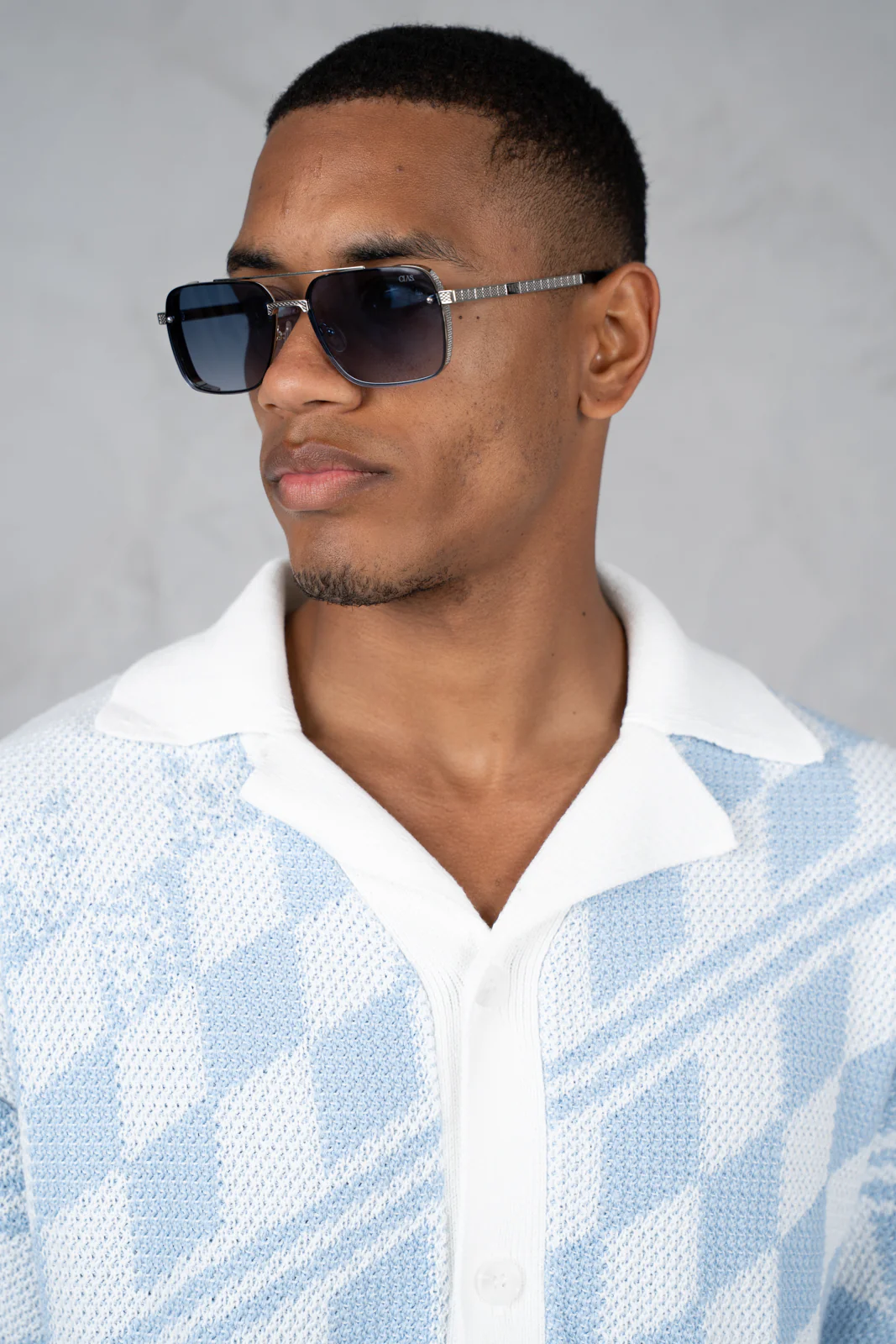 Boxy Checked Knitted Shirt - Pale Blue/White - Image 5