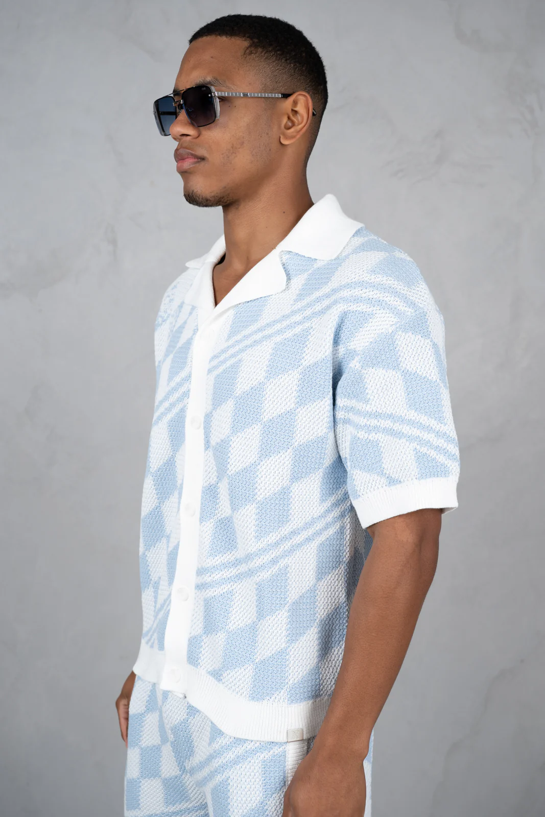 Boxy Checked Knitted Shirt - Pale Blue/White - Image 6