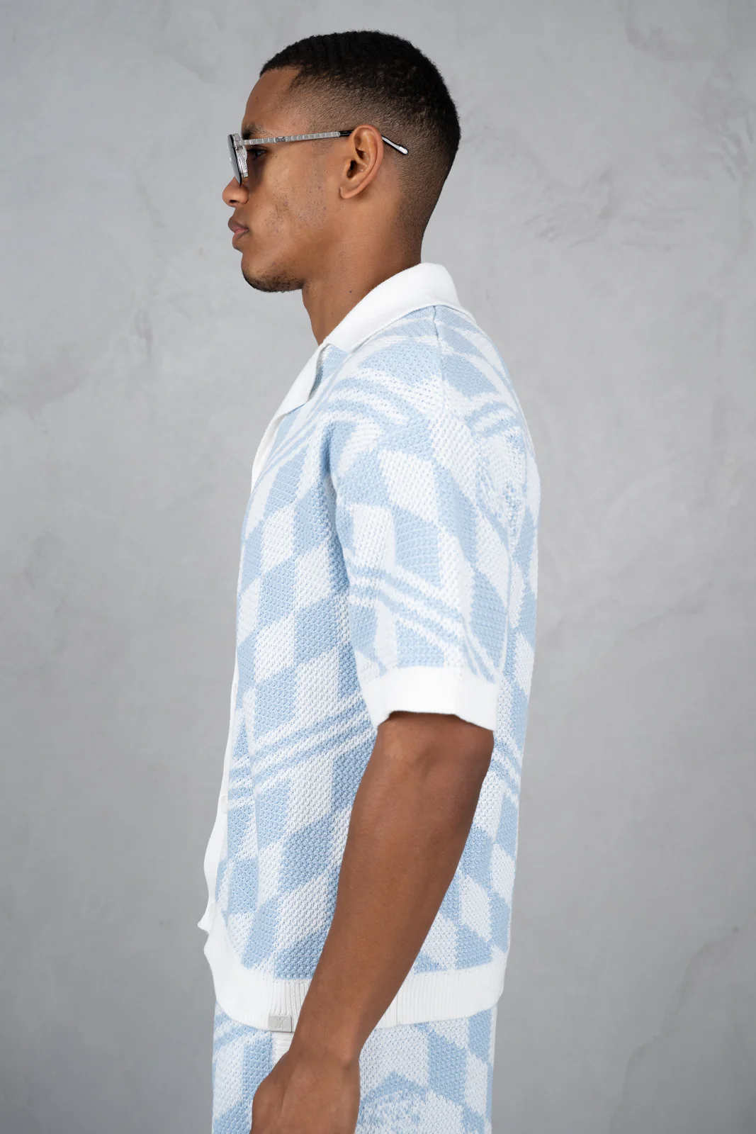 Boxy Checked Knitted Shirt - Pale Blue/White - Image 7