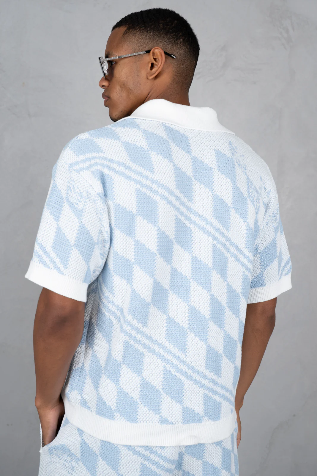 Boxy Checked Knitted Shirt - Pale Blue/White - Image 8
