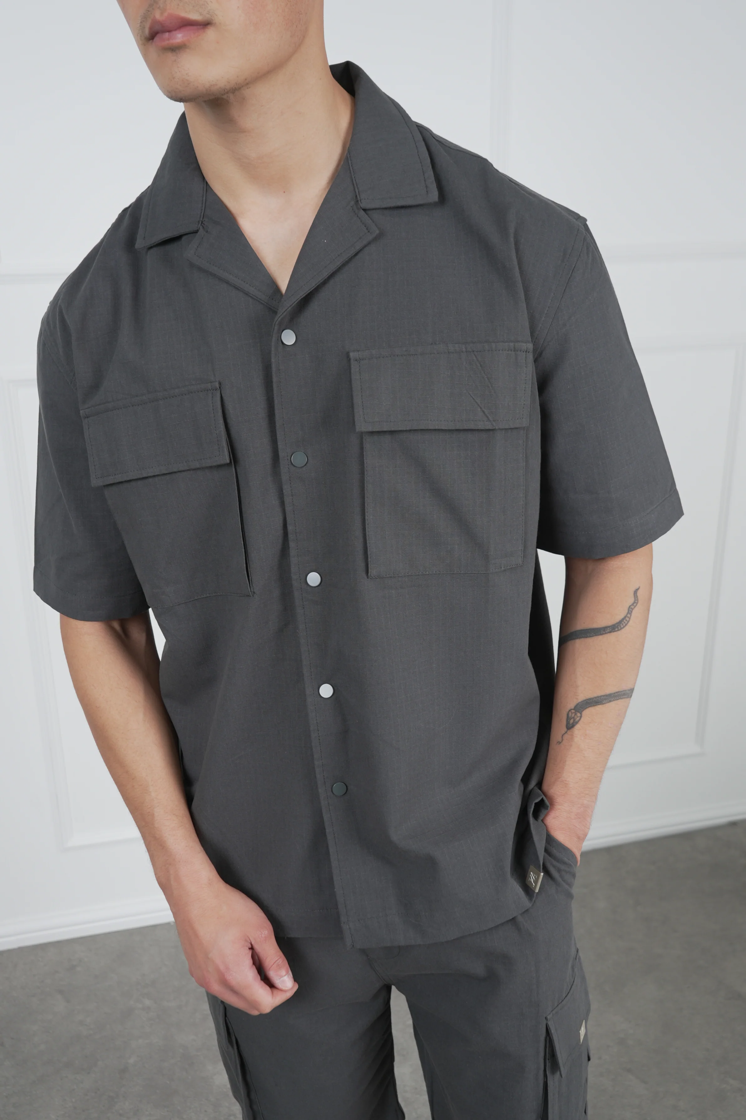 Boxy Ripstop Oversized Shirt - Charcoal