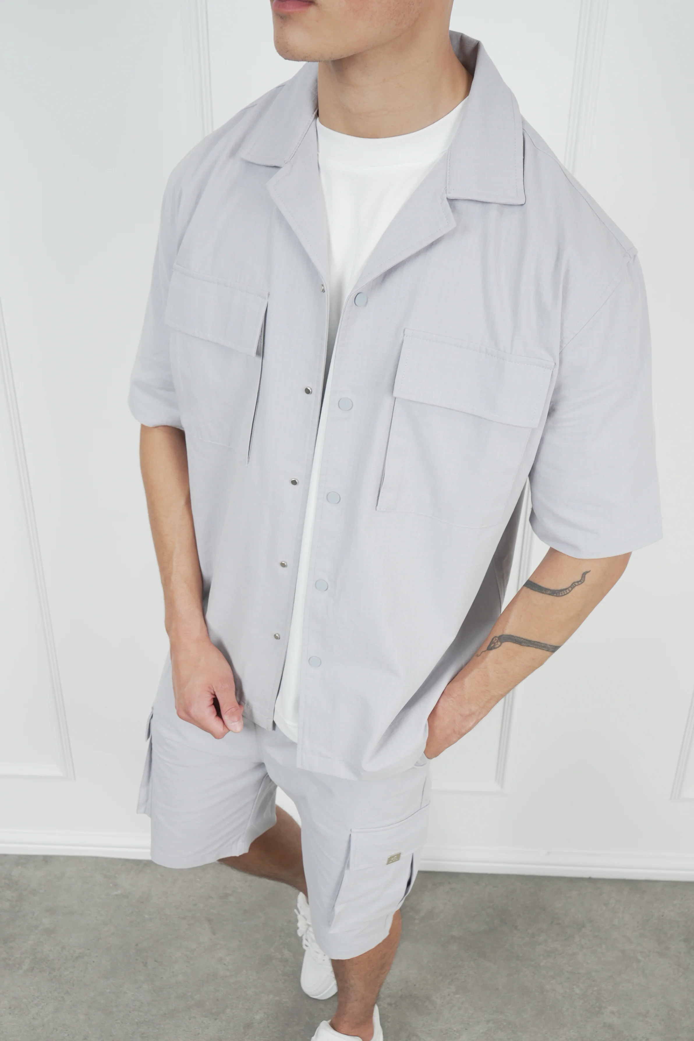 Boxy Ripstop Oversized Shirt - Light Grey