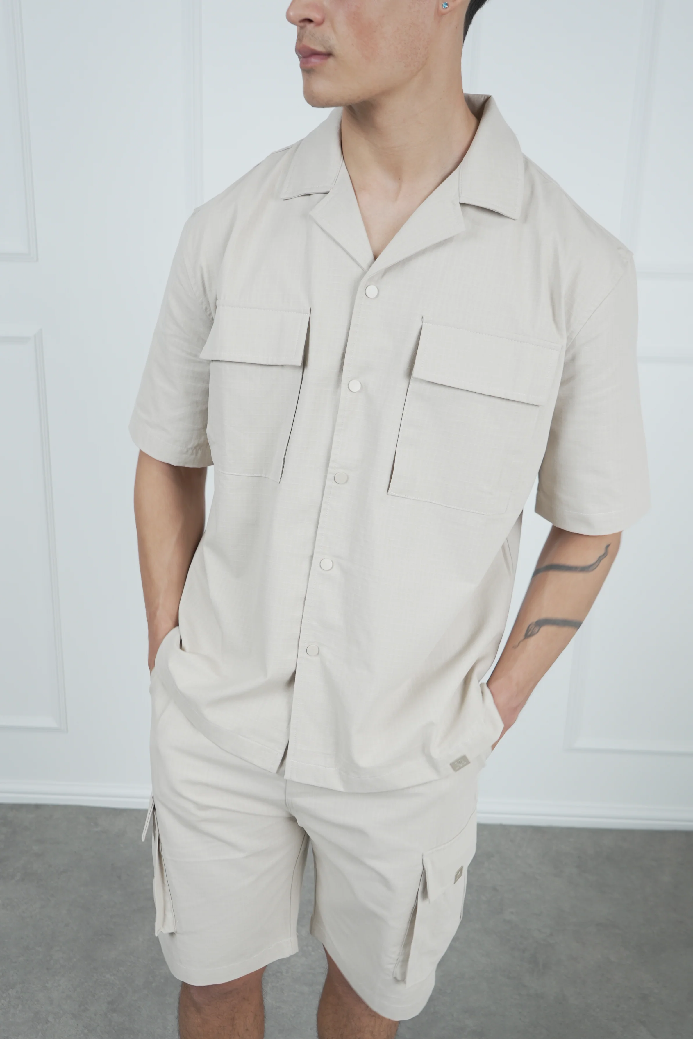 Boxy Ripstop Oversized Shirt - Stone - Image 3