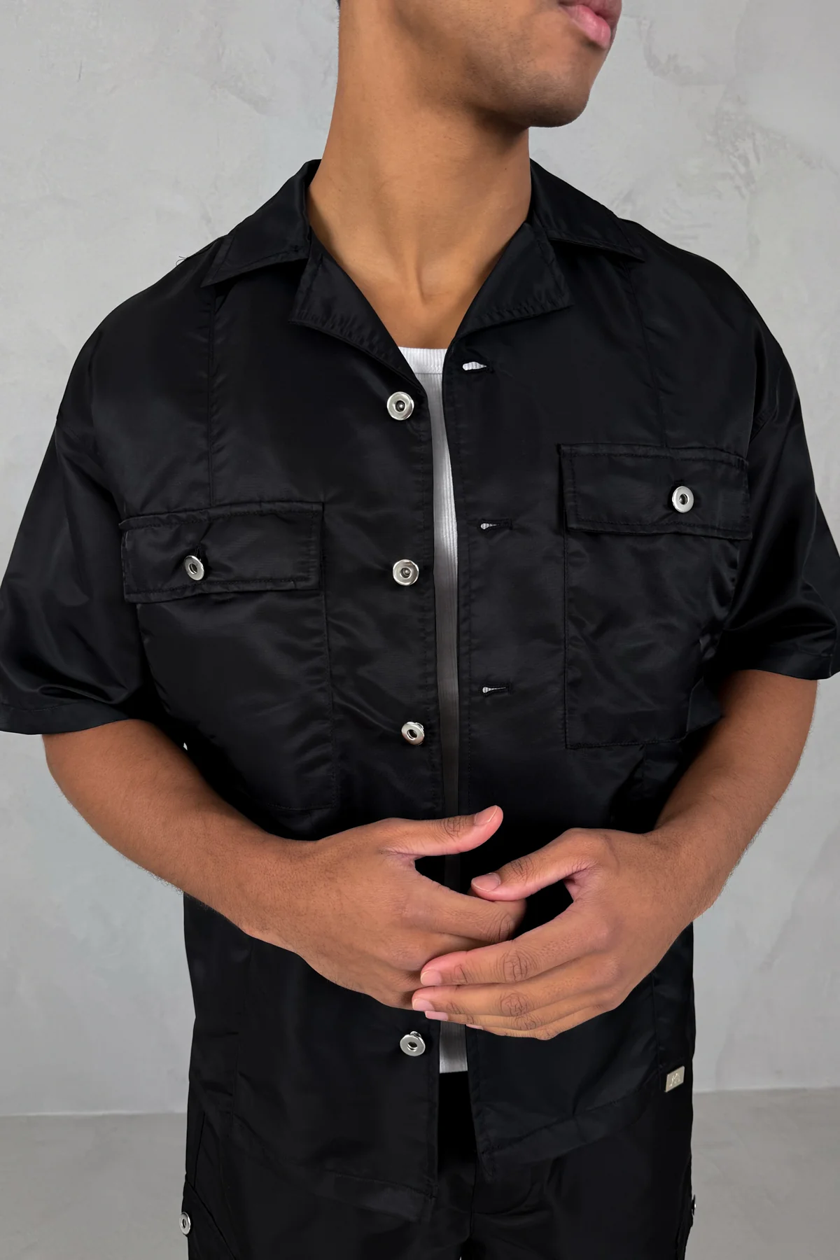 Boxy Nylon Oversized Shirt - Black - Image 3
