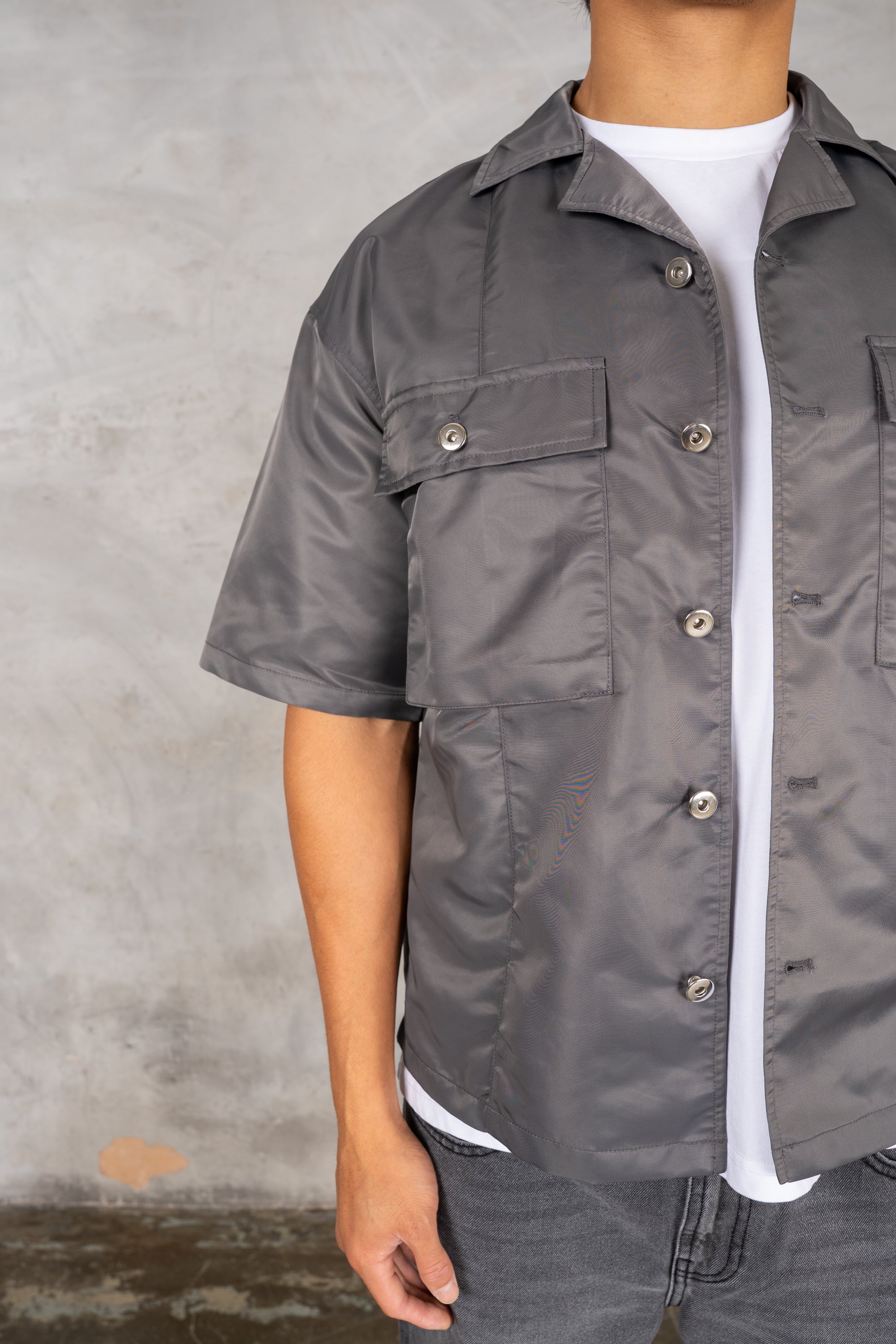 Boxy Nylon Oversized Shirt - Charcoal - Image 7