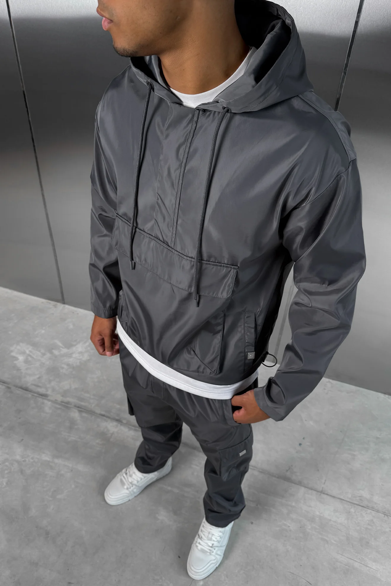 Matte Nylon Pullover Jacket - Charcoal - Image 3