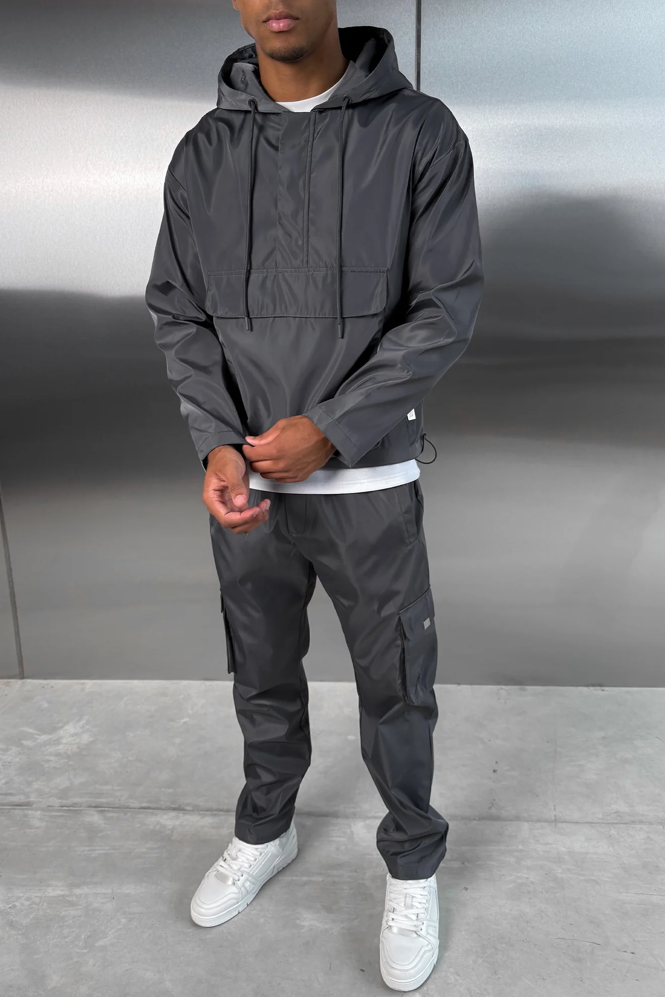 Matte Nylon Pullover Jacket - Charcoal - Image 7
