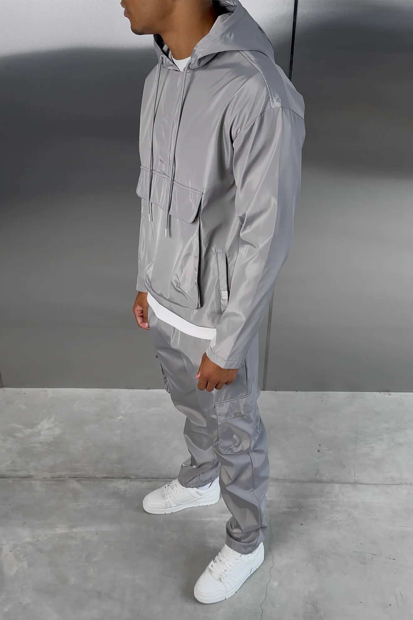Matte Nylon Pullover Jacket - Light Grey - Image 4