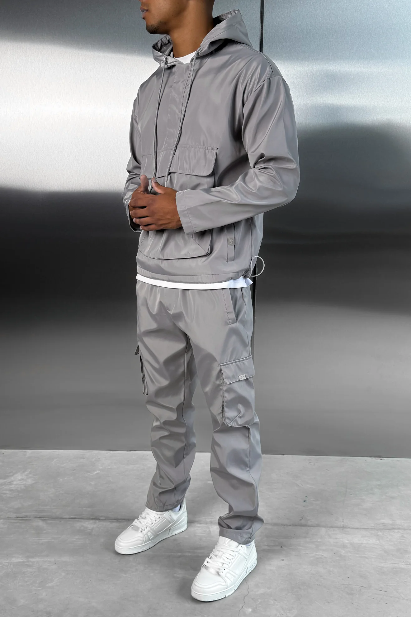 Matte Nylon Pullover Jacket - Light Grey - Image 7