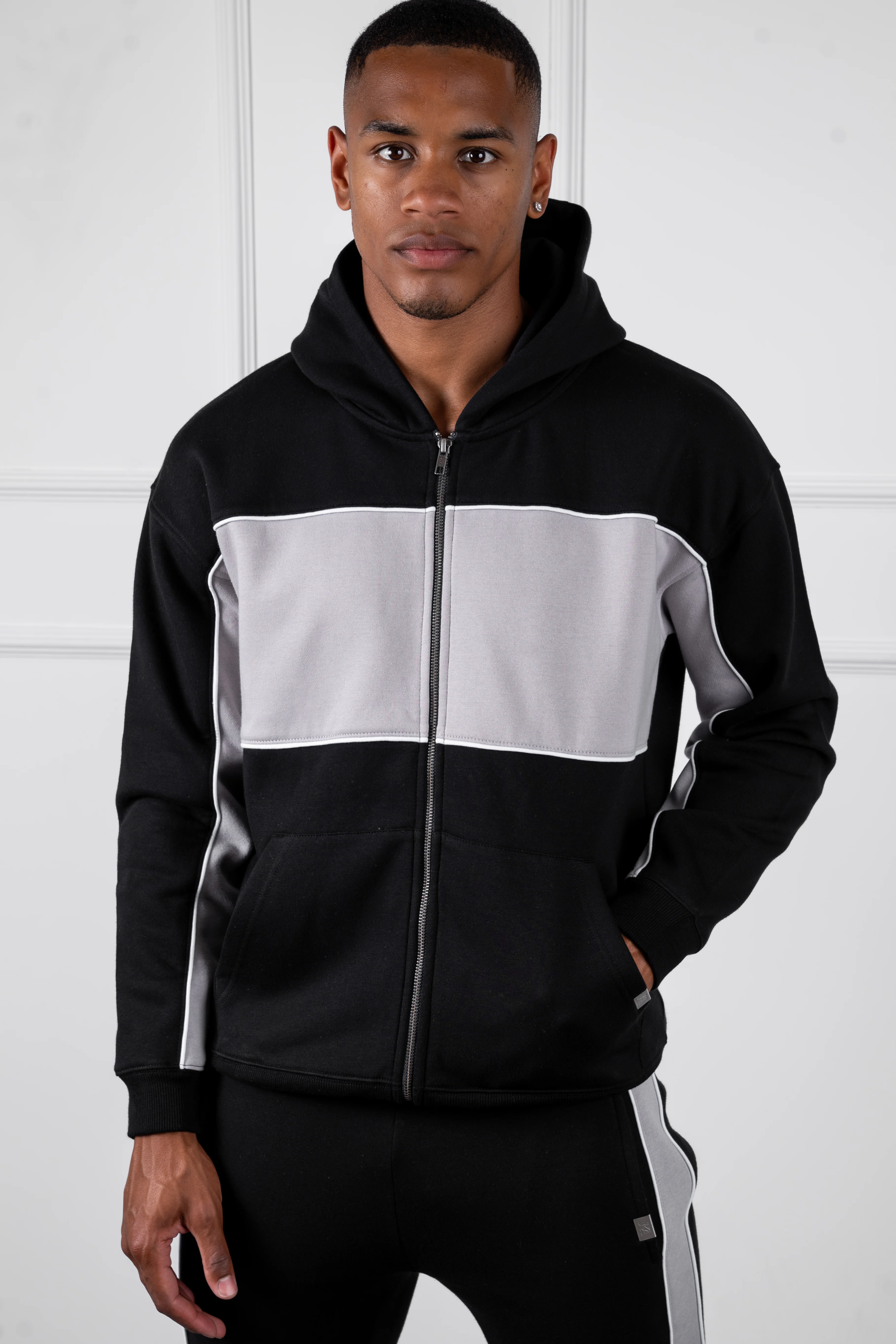 Panelled Relaxed Zip Through Hoodie - Black - Image 2