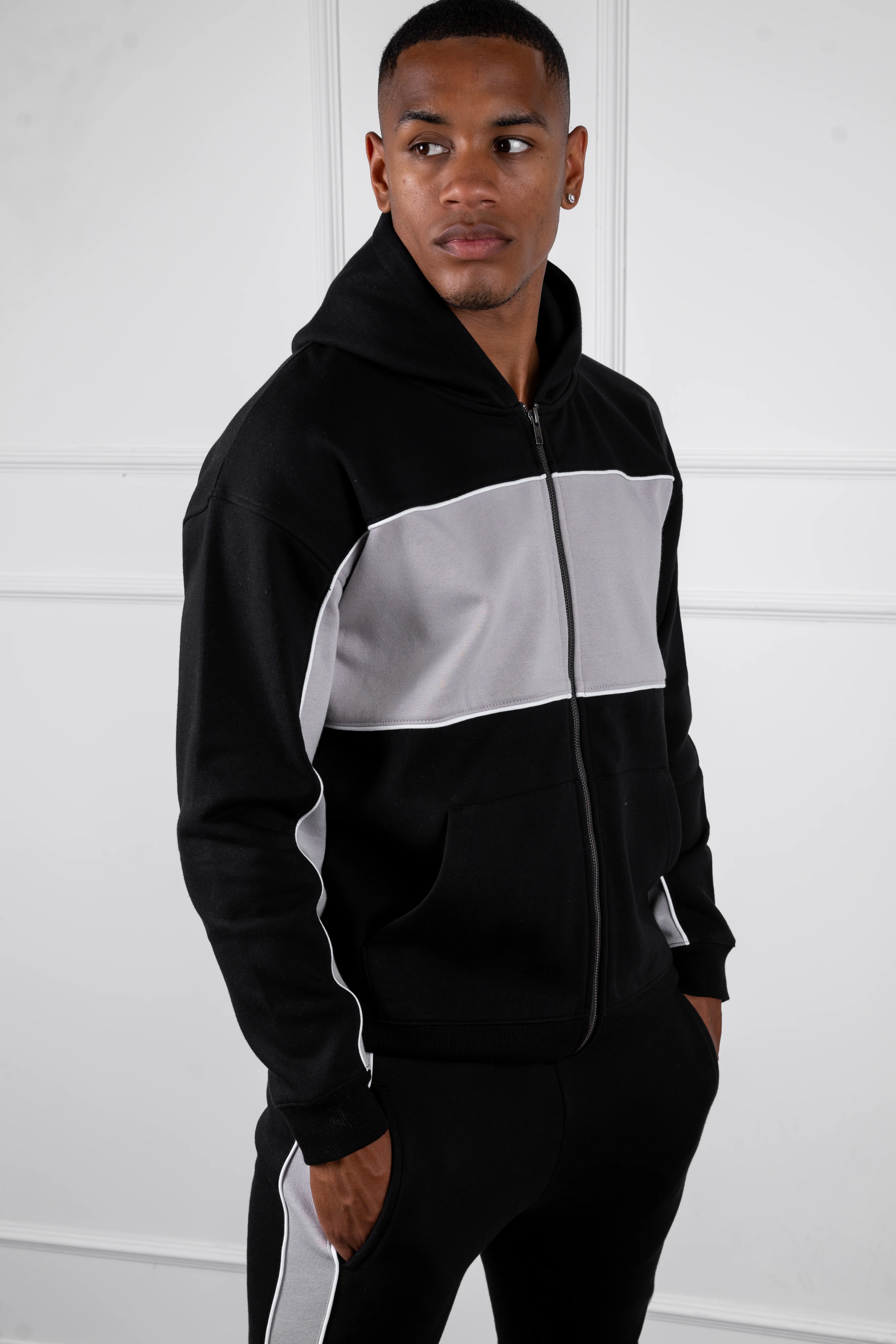 Panelled Relaxed Zip Through Hoodie - Black - Image 4