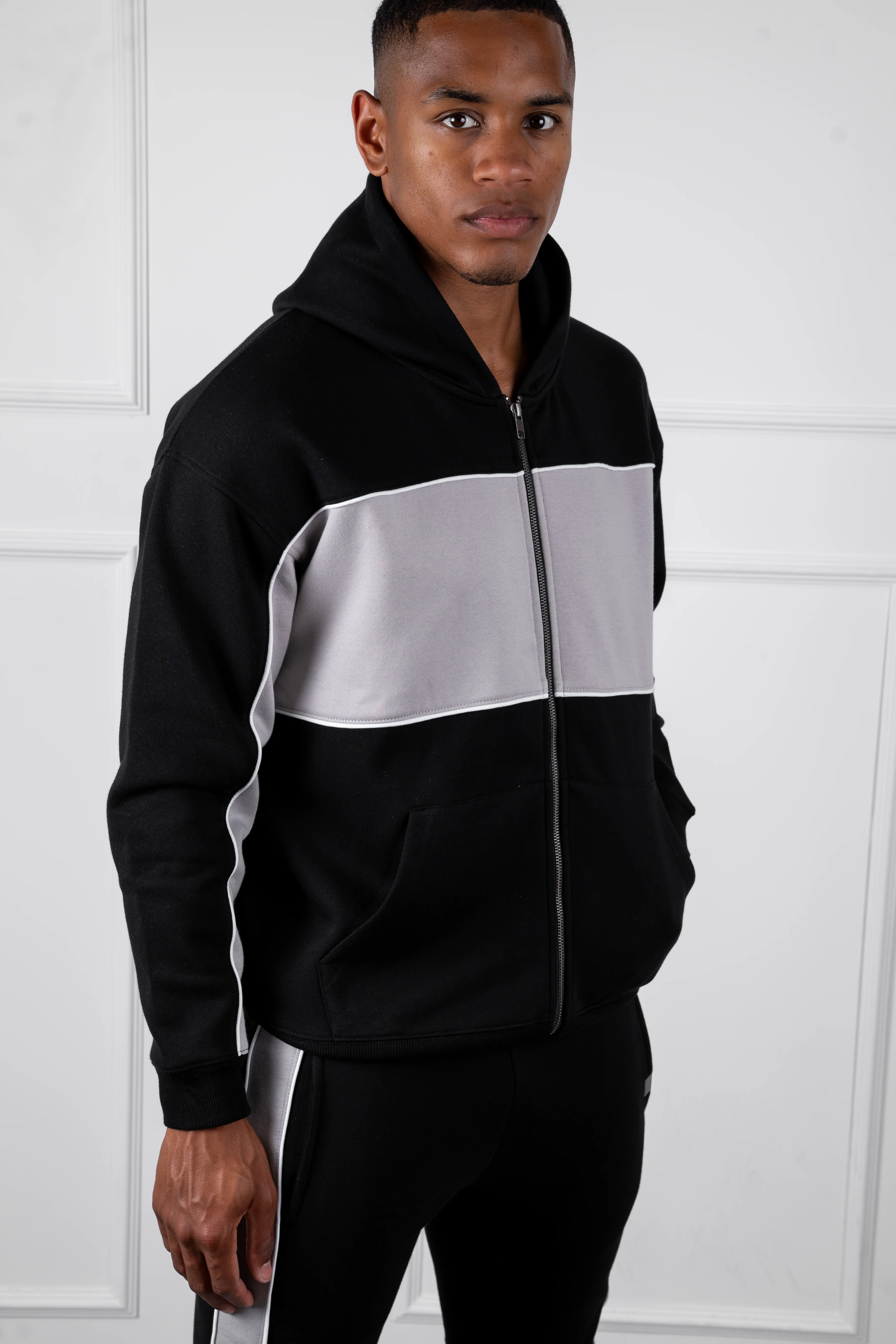 Panelled Relaxed Zip Through Hoodie - Black - Image 5