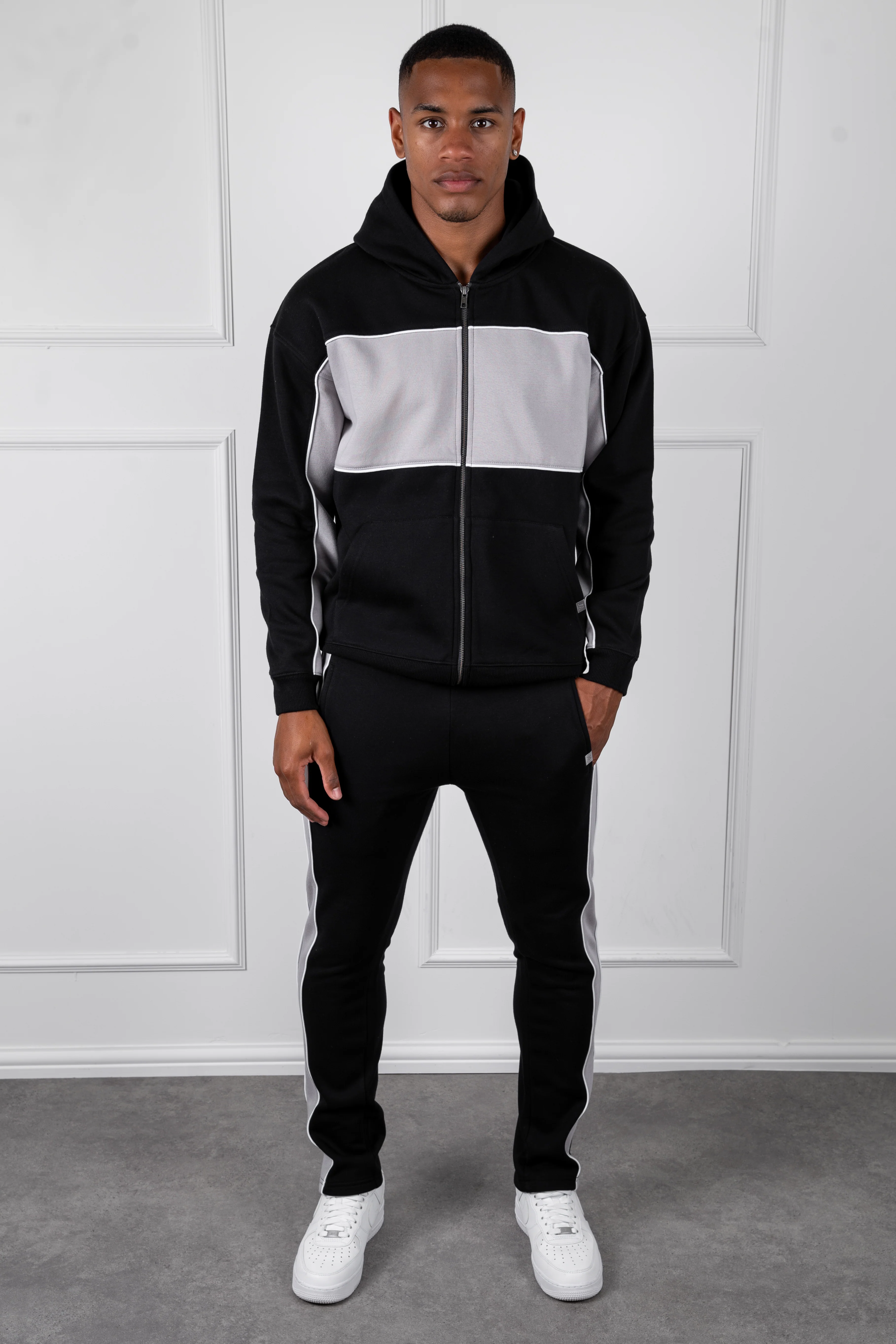Panelled Relaxed Zip Through Hoodie - Black - Image 7