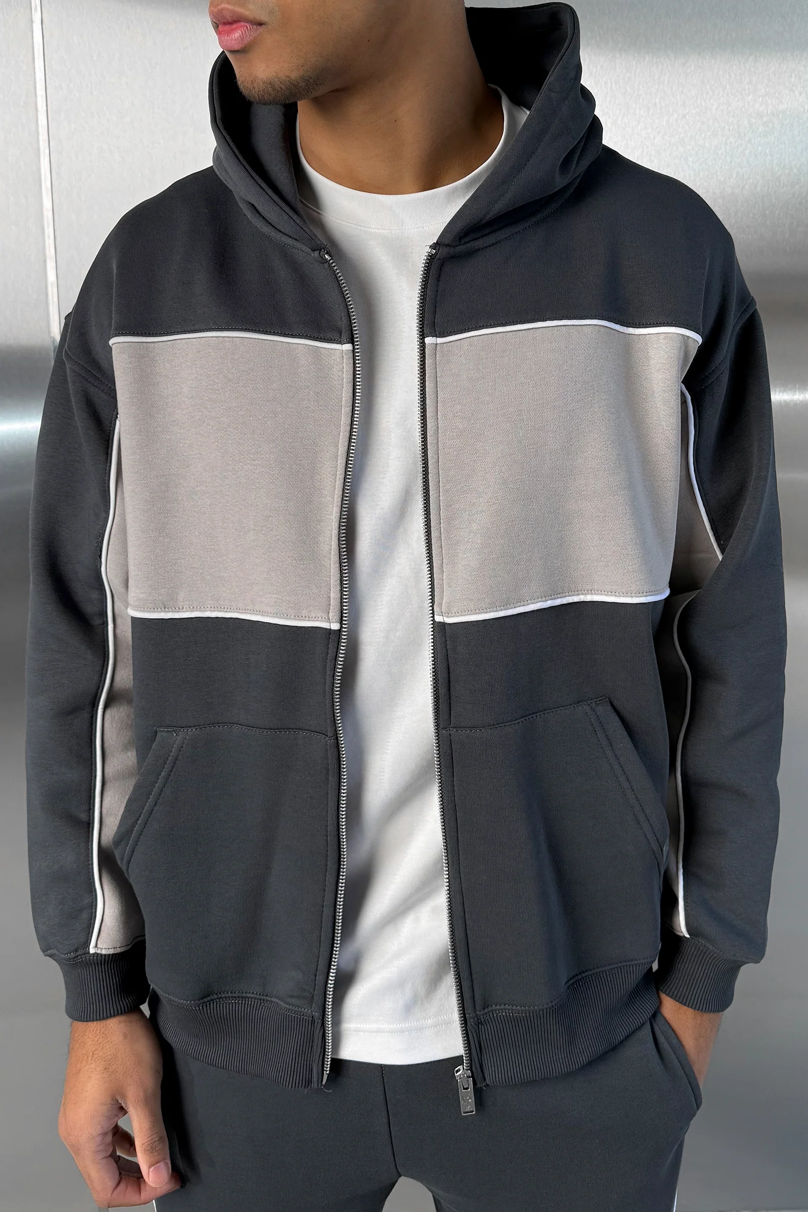 Panelled Relaxed Zip Through Hoodie - Charcoal - Image 11