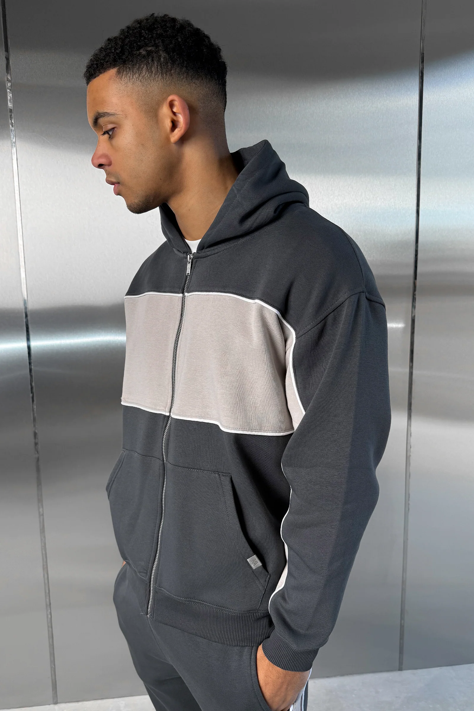 Panelled Relaxed Zip Through Hoodie - Charcoal - Image 12
