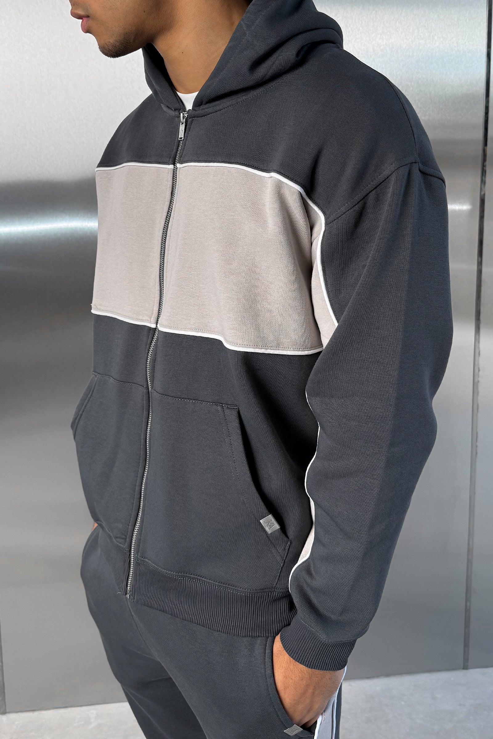 Panelled Relaxed Zip Through Hoodie - Charcoal - Image 2