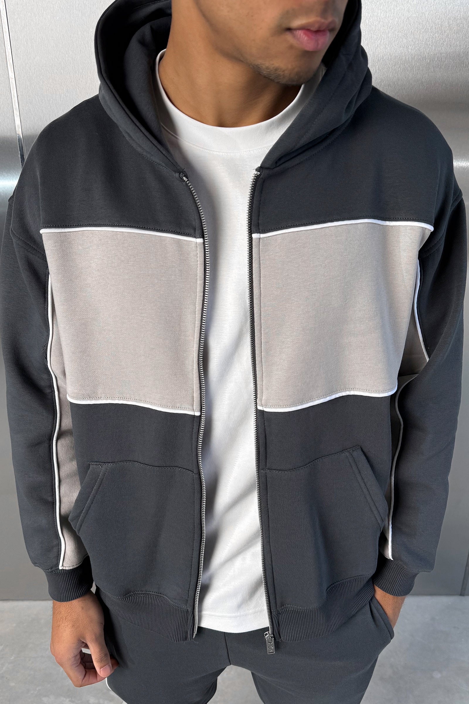 Panelled Relaxed Zip Through Hoodie - Charcoal - Image 3