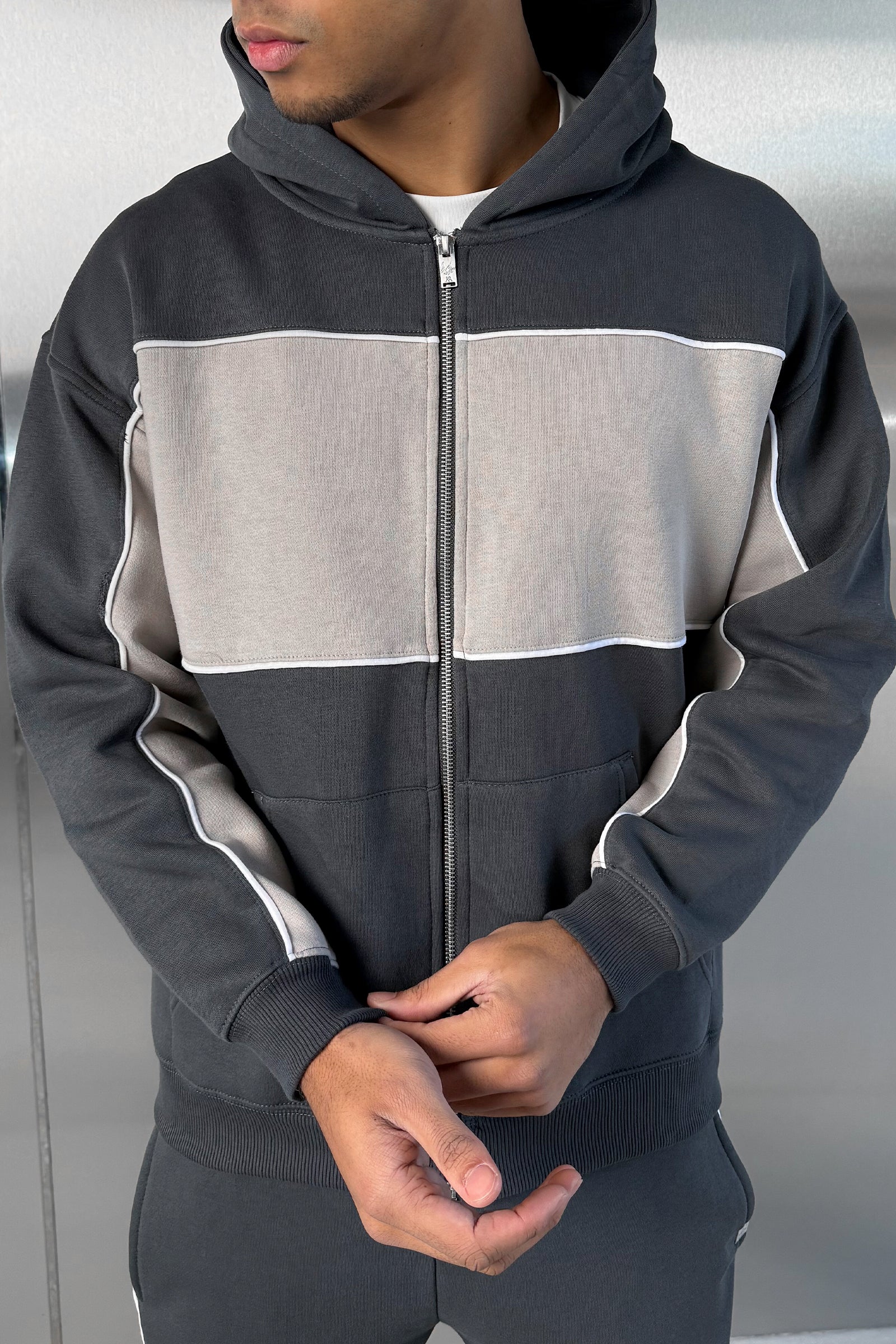 Panelled Relaxed Zip Through Hoodie - Charcoal - Image 5
