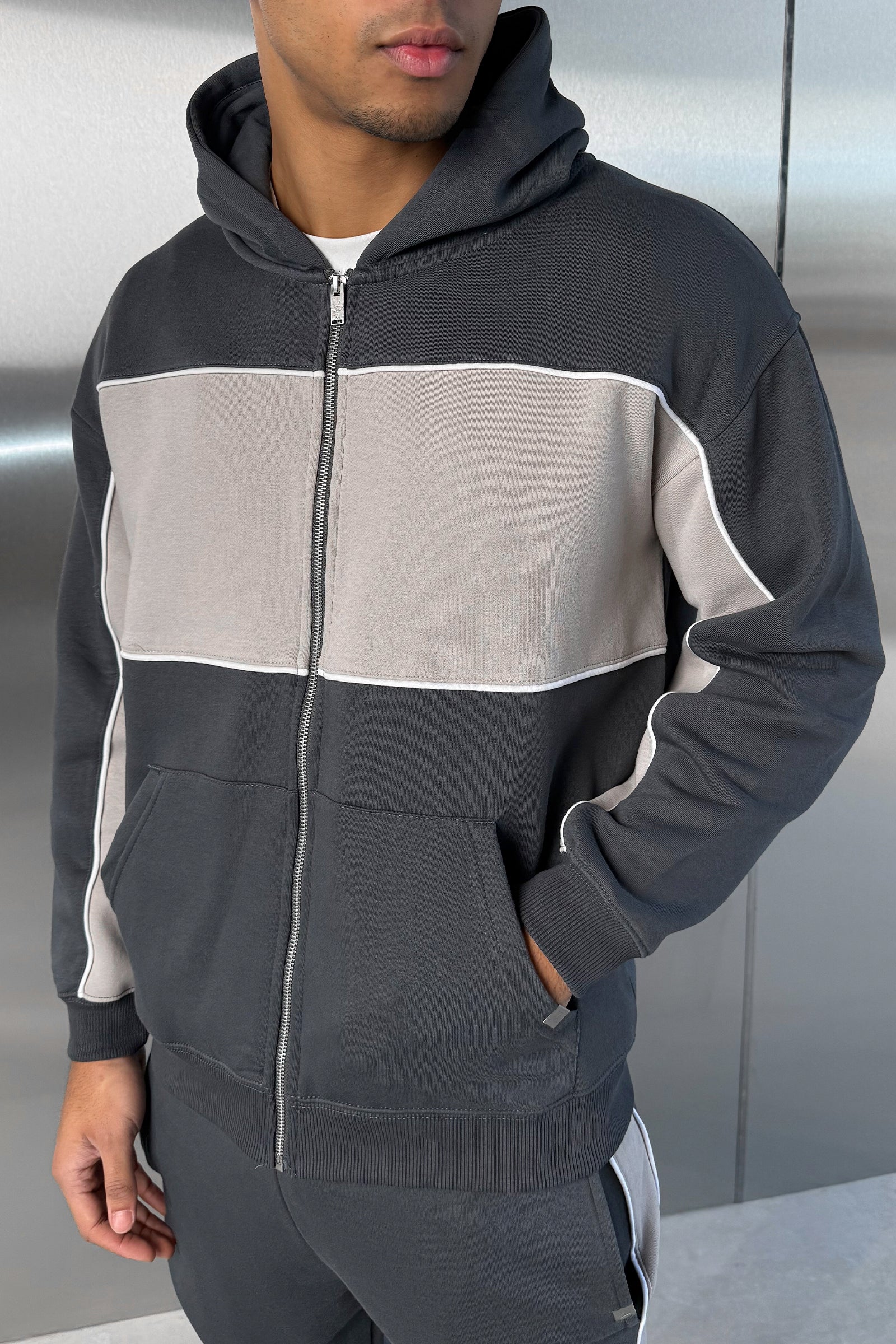 Panelled Relaxed Zip Through Hoodie - Charcoal - Image 6