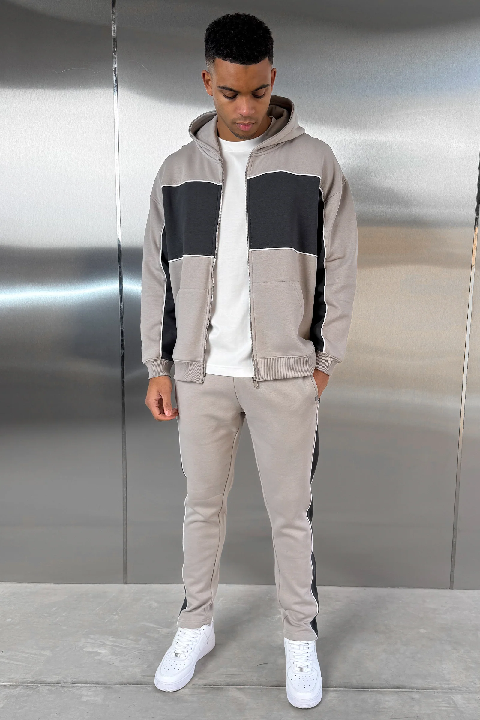 Panelled Relaxed Zip Through Hoodie - Grey - Image 10