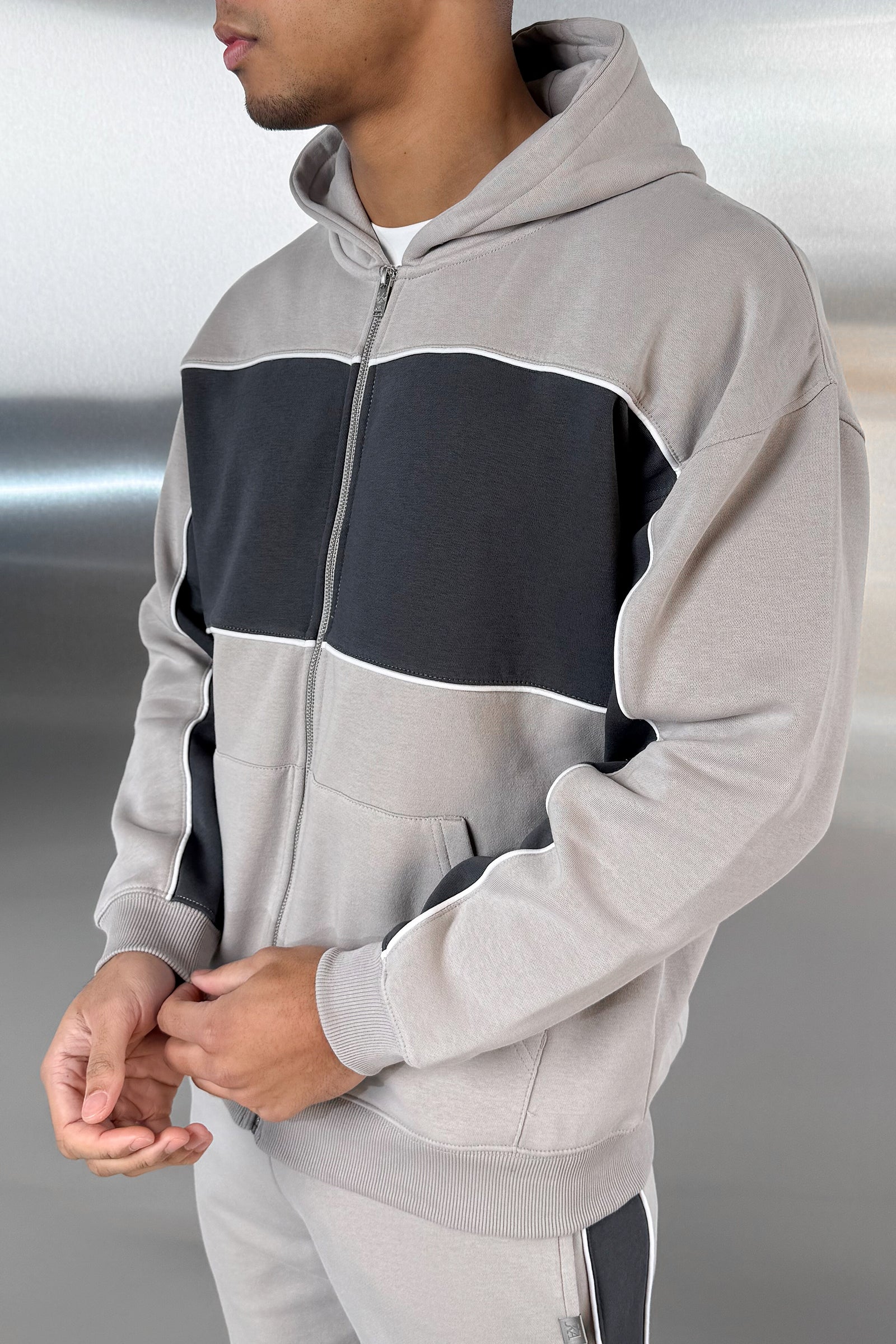 Panelled Relaxed Zip Through Hoodie - Grey - Image 11