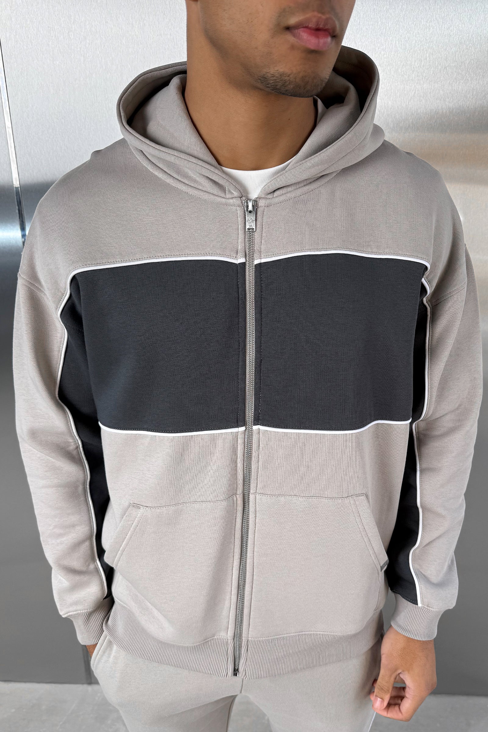Panelled Relaxed Zip Through Hoodie - Grey - Image 12
