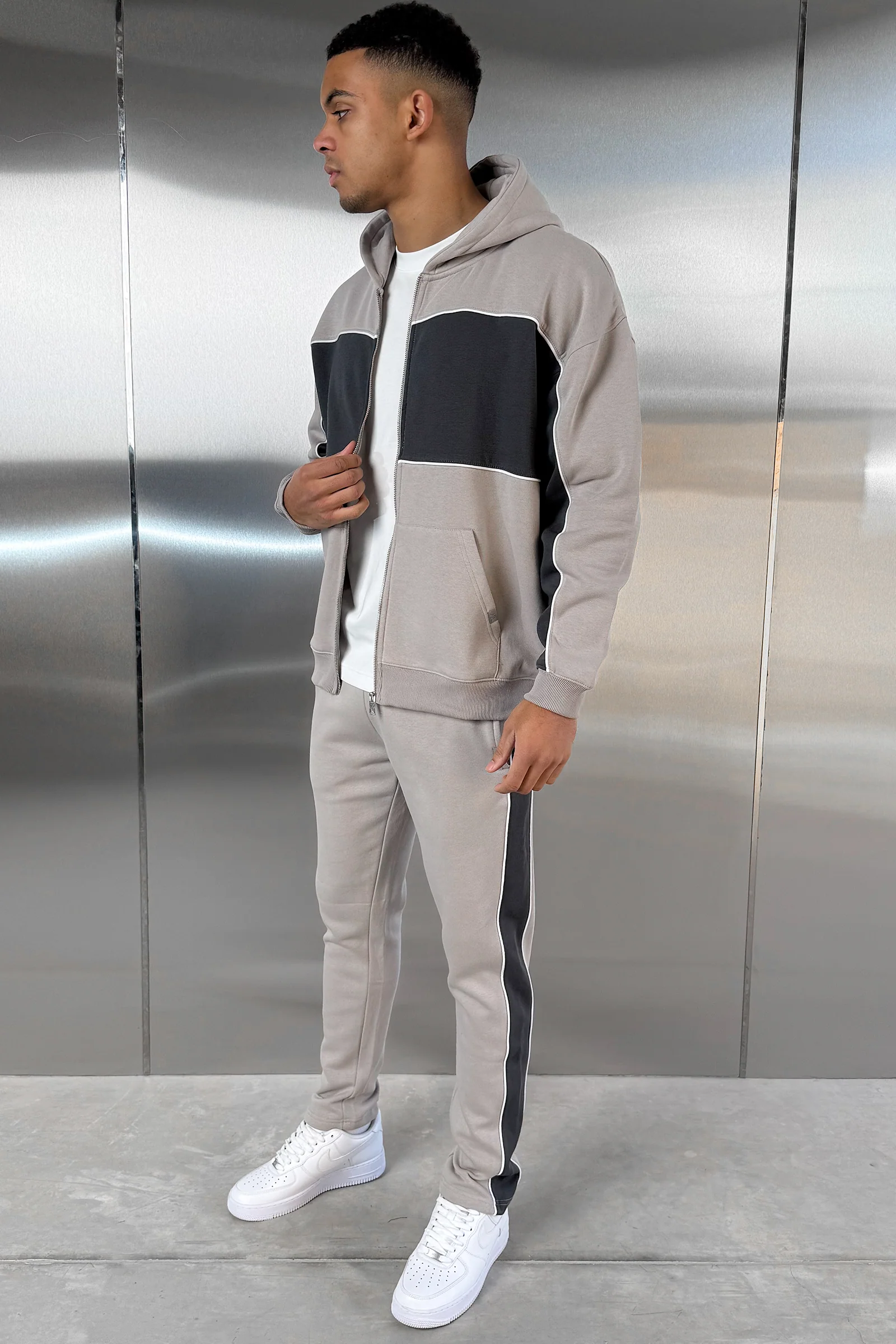 Panelled Relaxed Zip Through Hoodie - Grey - Image 13